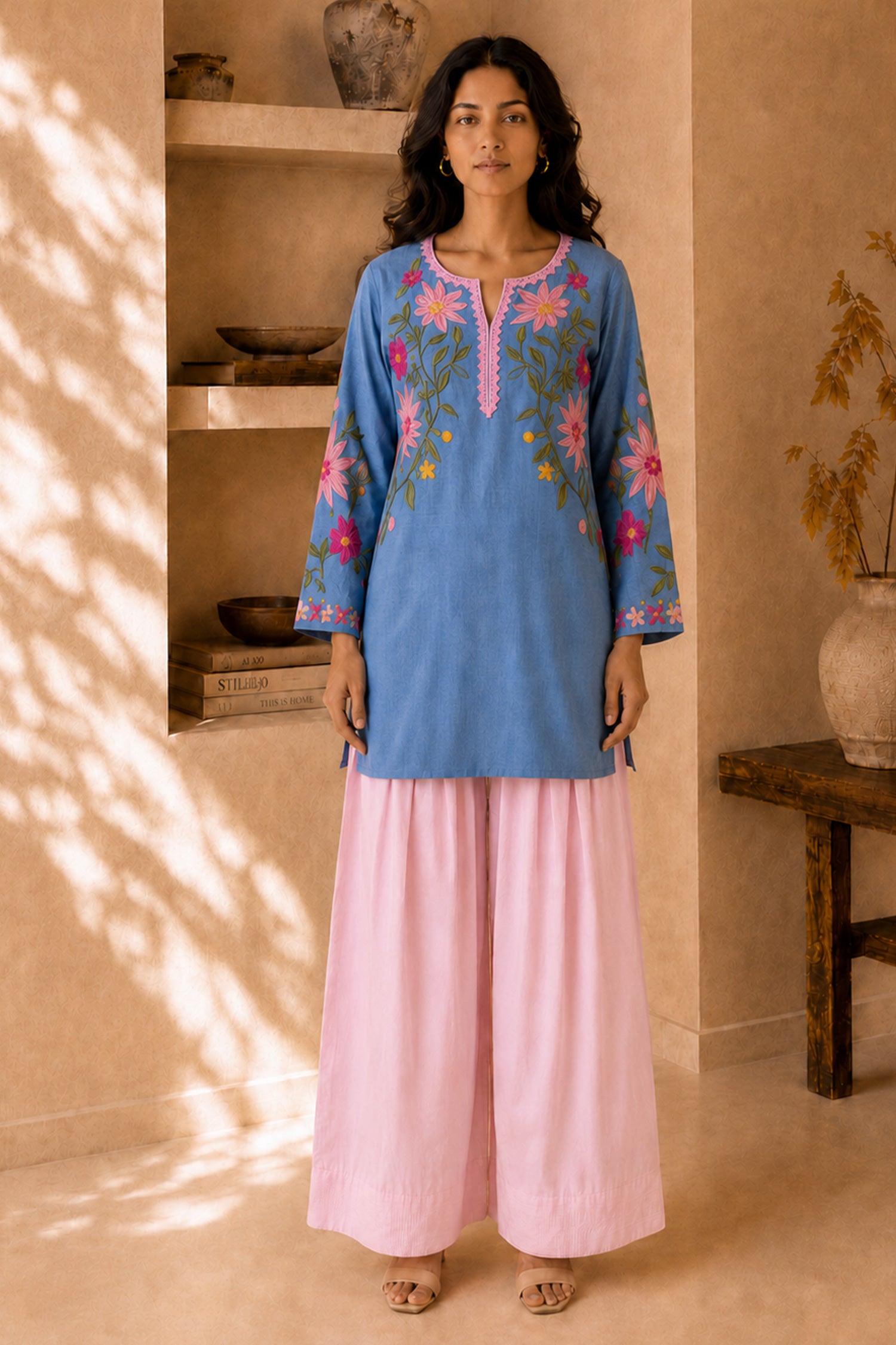 Kashmiri Aari Denim Short Kurta Notch Neck - Blue