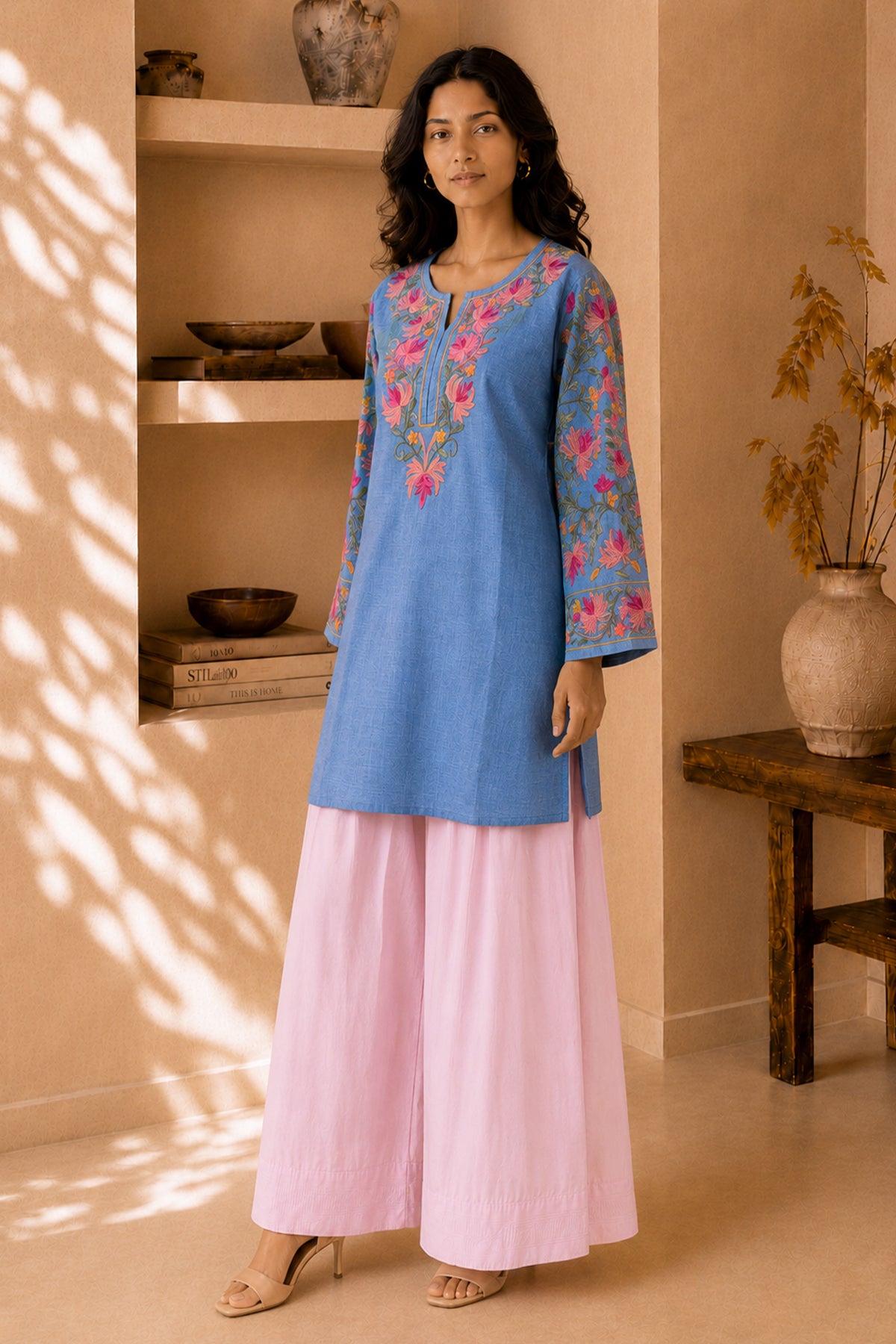 Kashmiri Aari Work Denim Short Kurta Notch Neck - Blue