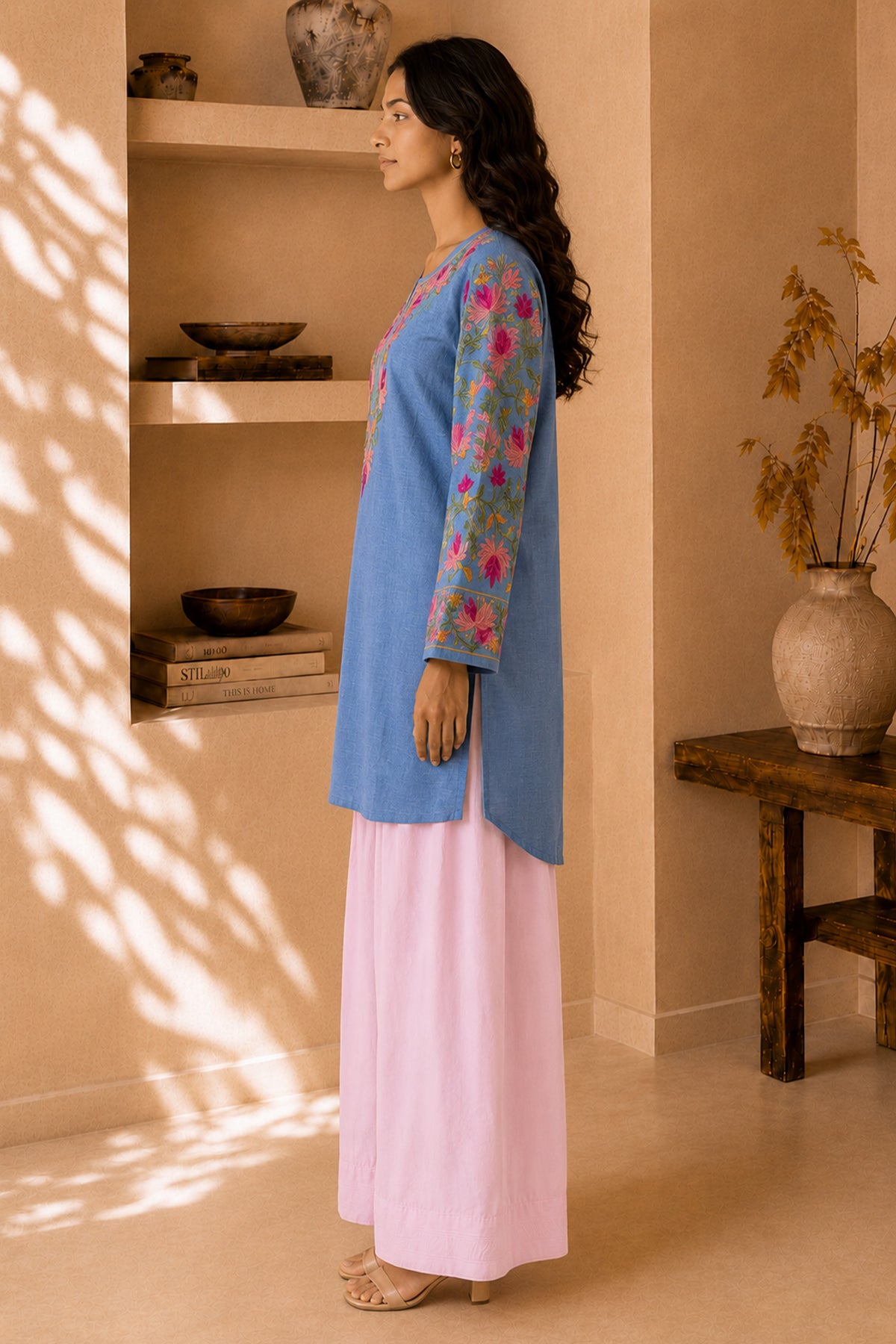 Kashmiri Aari Work Denim Short Kurta Notch Neck - Blue