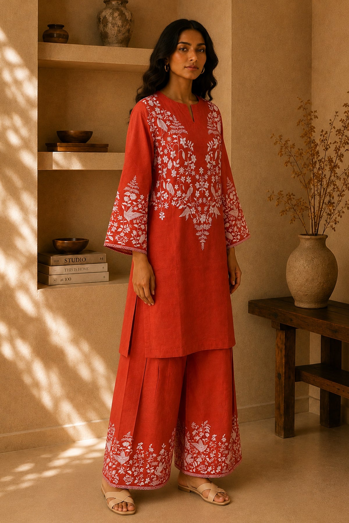 Orange Printed Lawn Cotton Co-ord Set with Farsi Pants