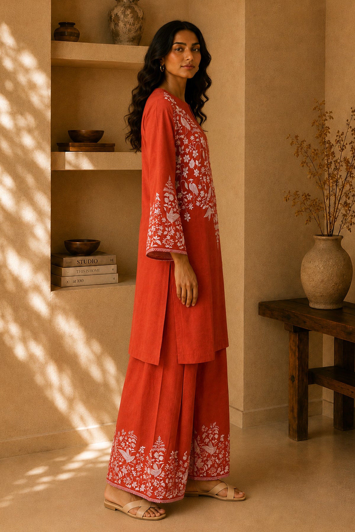 Orange Printed Lawn Cotton Co-ord Set with Farsi Pants