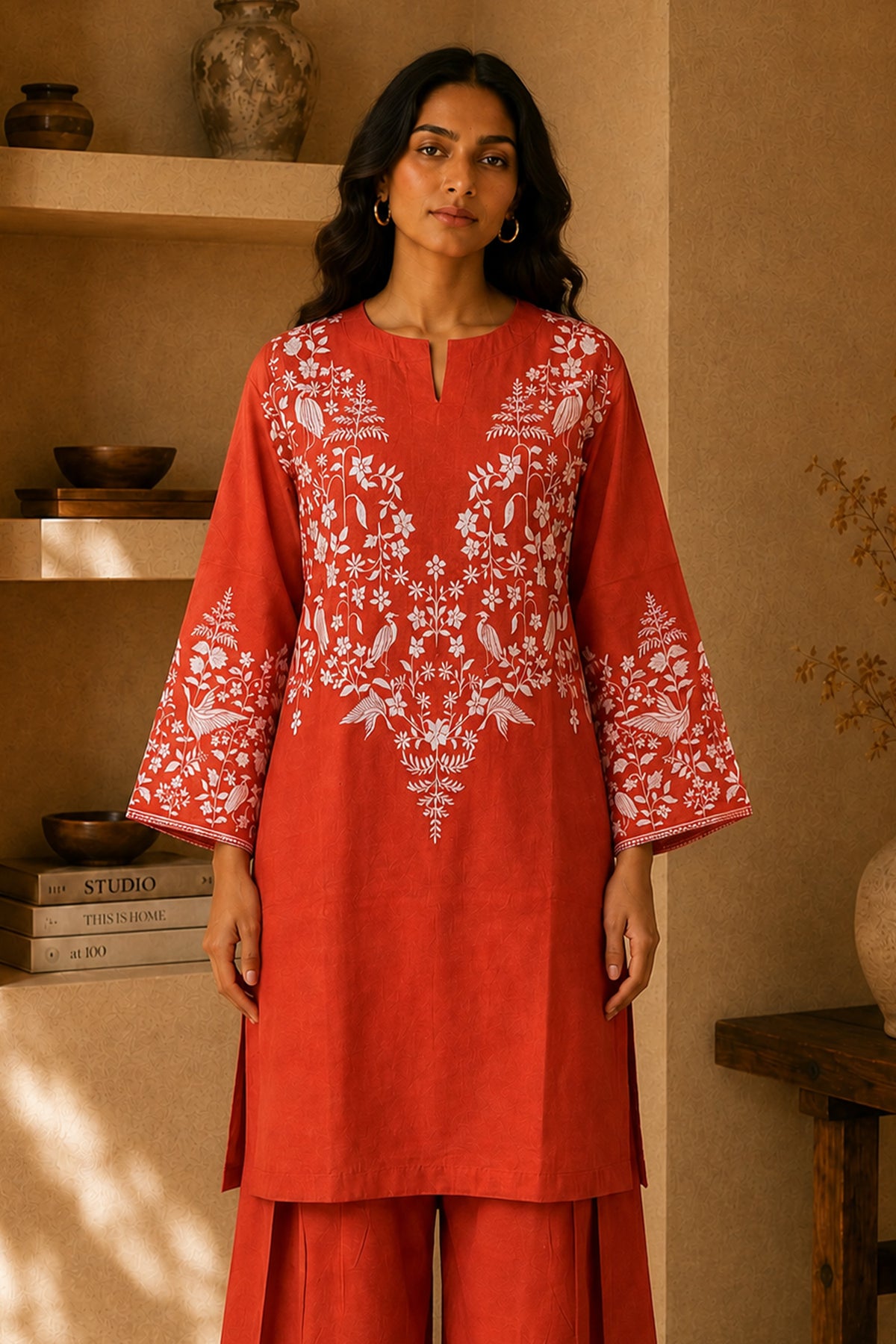 Orange Printed Lawn Cotton Co-ord Set with Farsi Pants