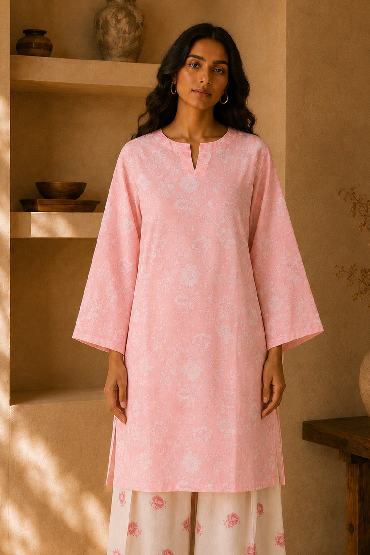 Pink Printed Lawn Cotton Co-ord Set with Farsi Pants