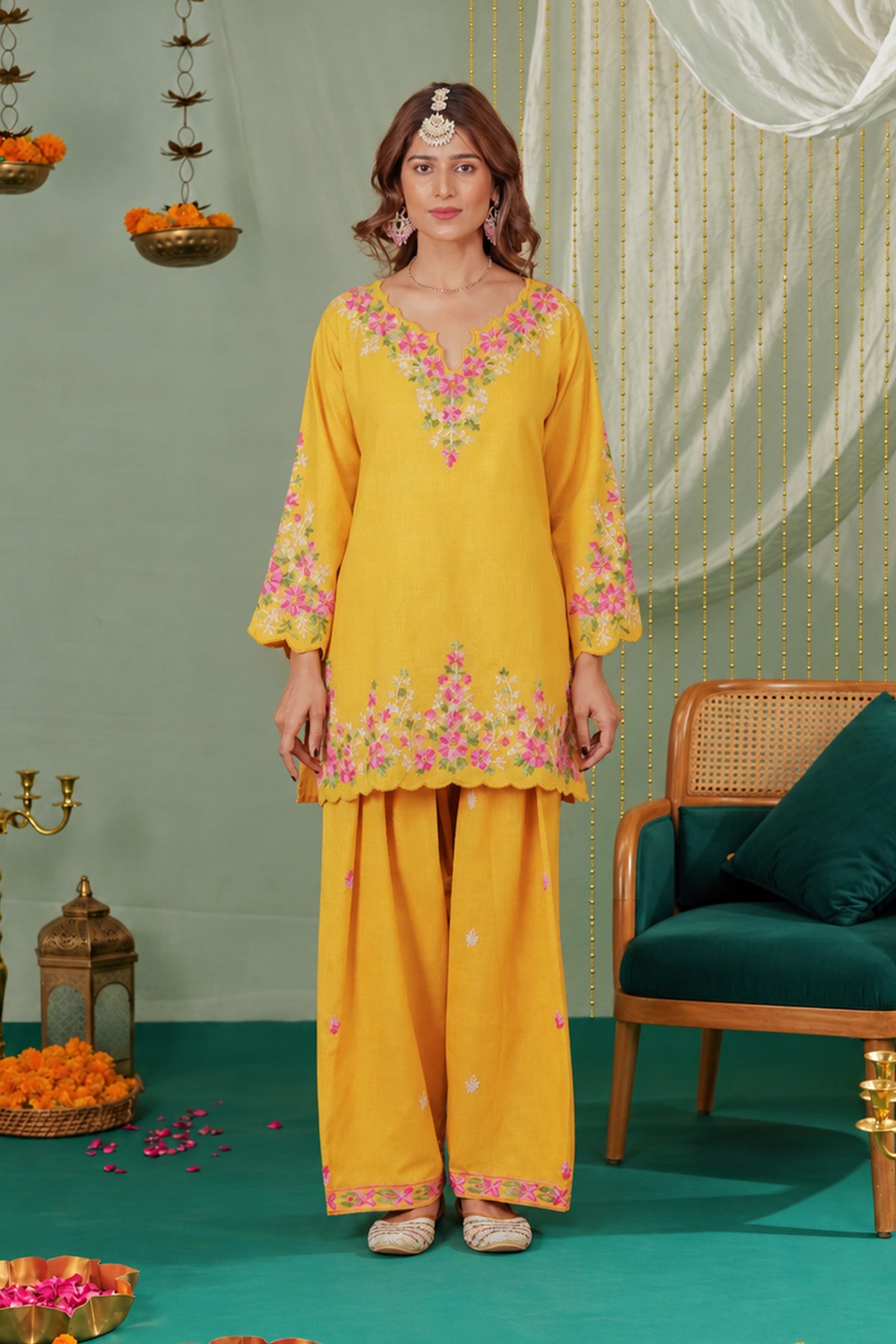 Kashmiri Aari Laser-Cut Ruby Cotton Farsi Kurta Set in Mustard Yellow