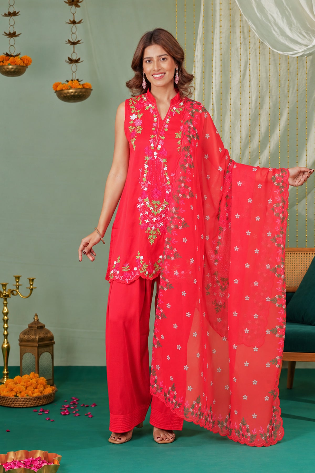 Printed Organza Dupatta in Bright Red