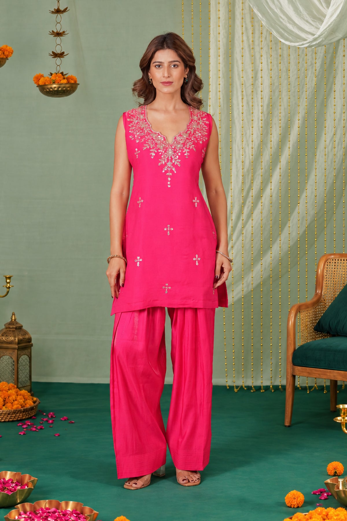 Sleeveless Sequin Sheesha Silk Farsi Kurta Set in Fuchsia Pink