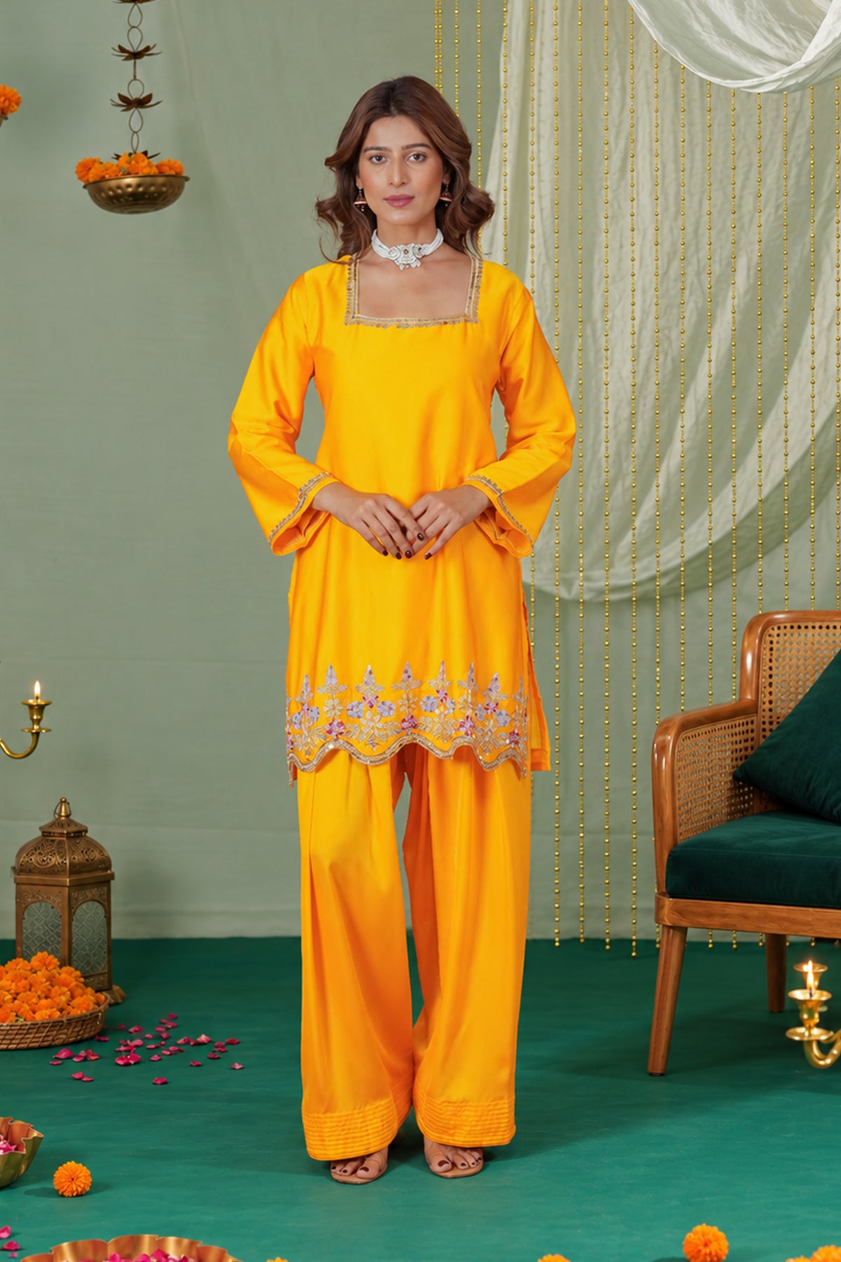 Printed Organza Dupatta in Mustard Yellow