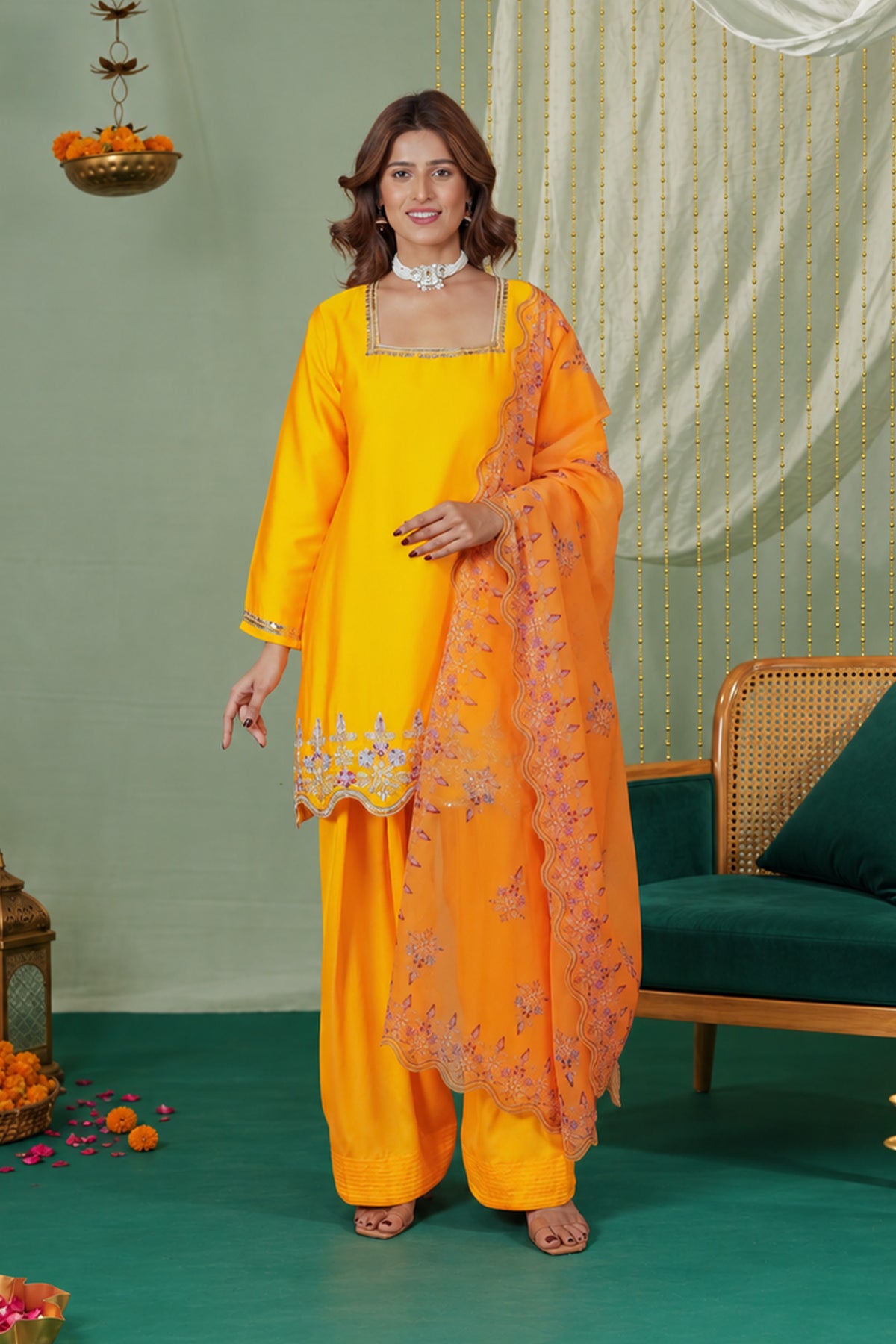 Printed Organza Dupatta in Mustard Yellow