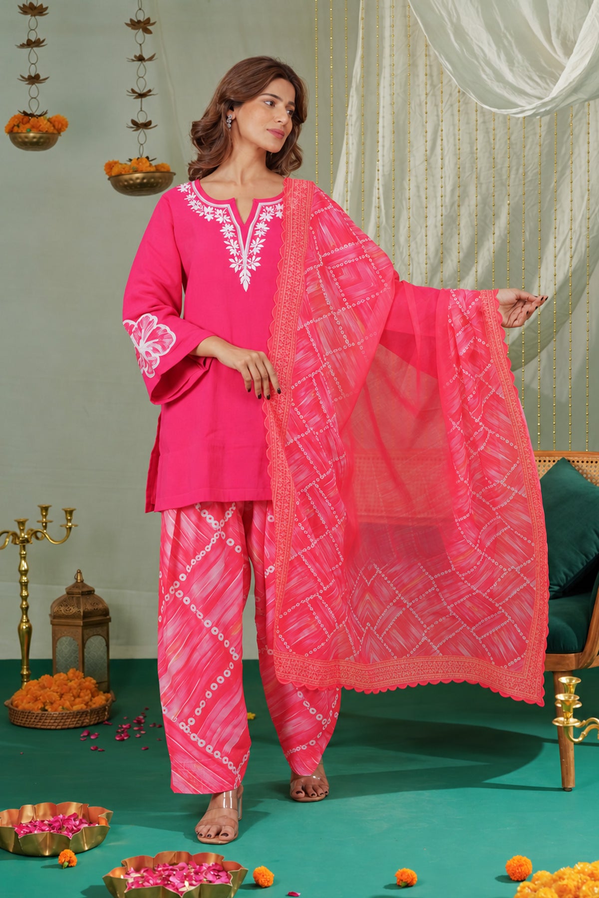 Embroidered Mul Chanderi Printed Farsi Kurta Set in Vibrant Pink