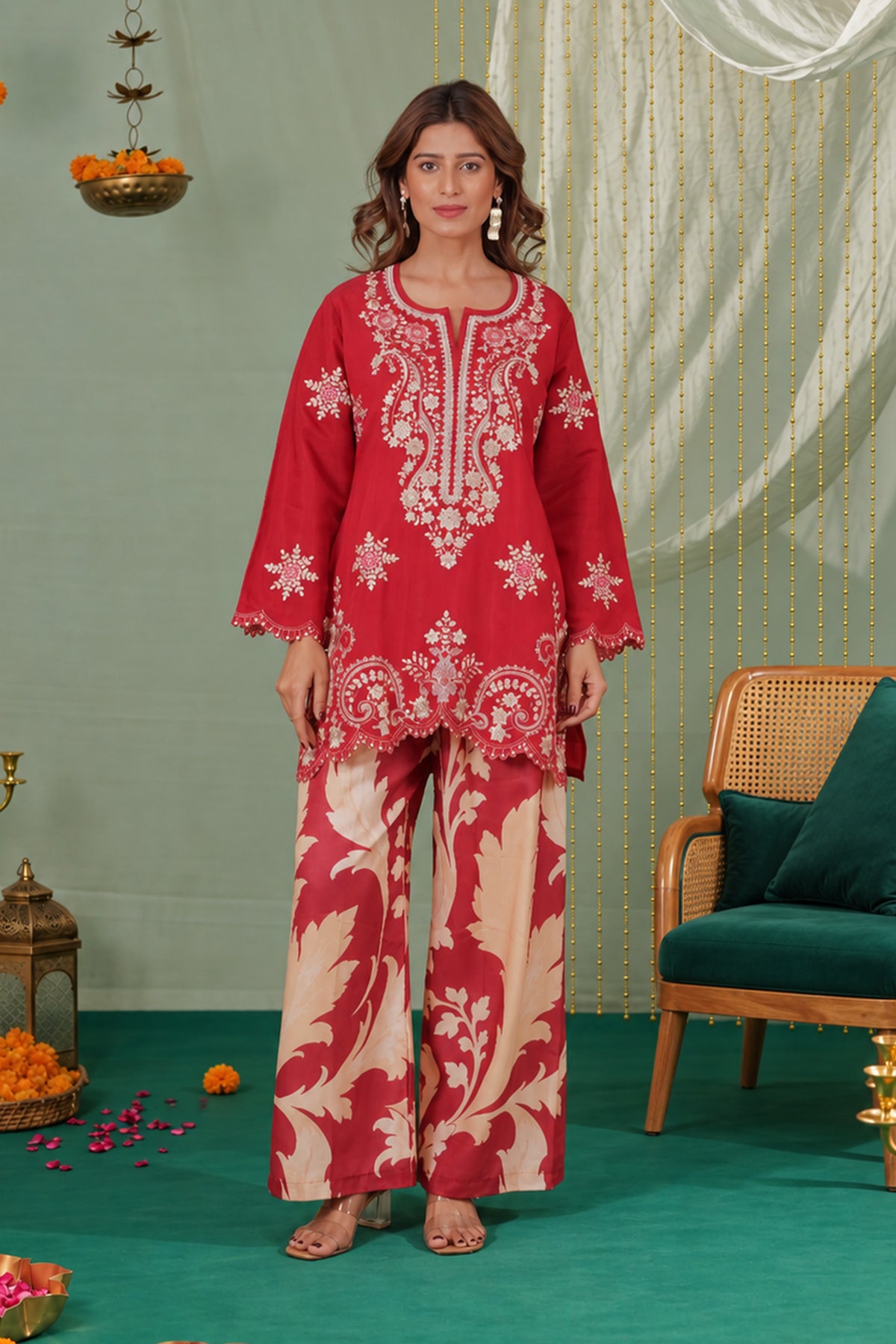 Printed Organza Dupatta in Deep Wine