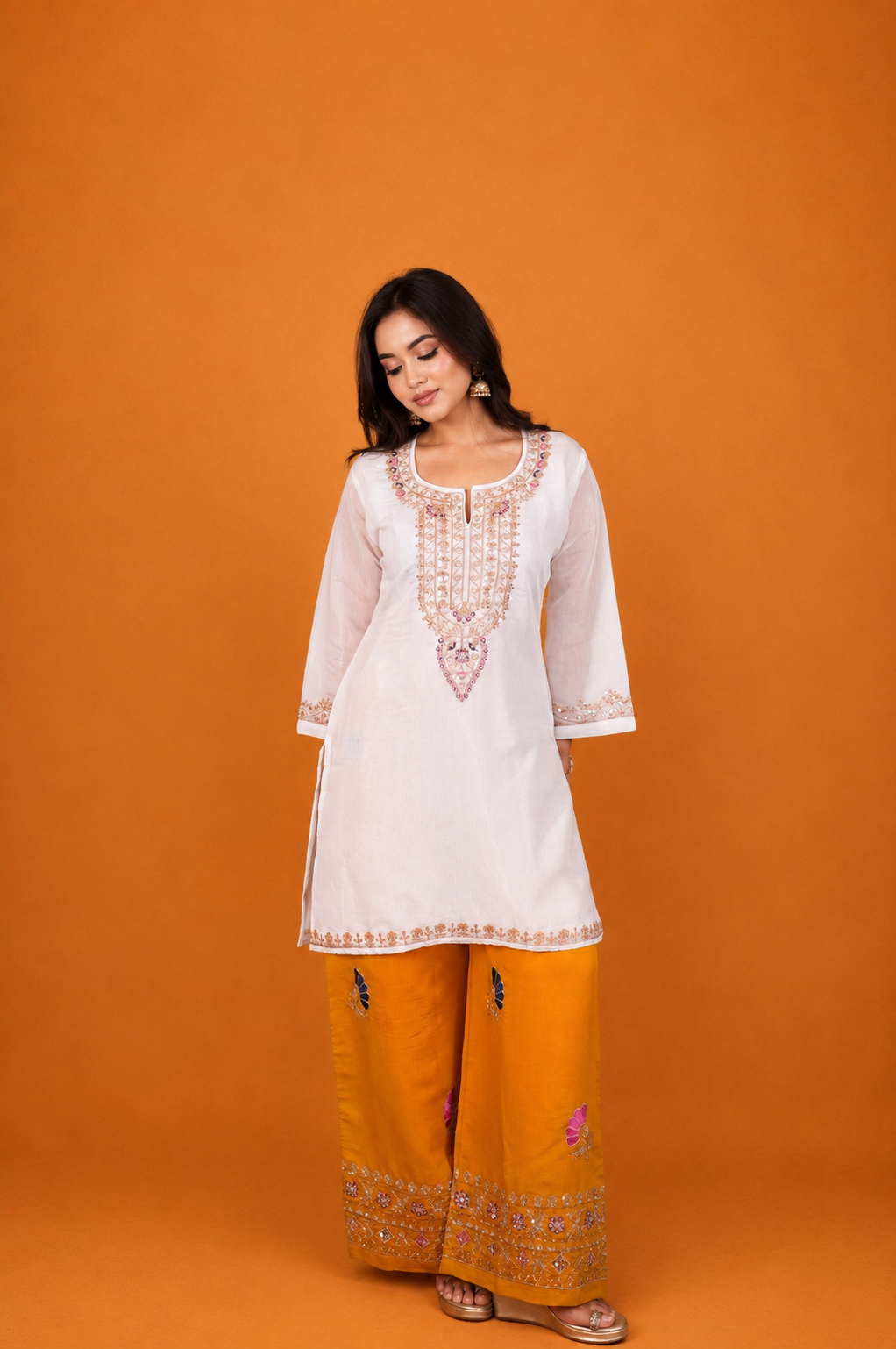 Mix Sequin Mul Chanderi Silk Embroidered Kurta Set - Ivory & Mustard