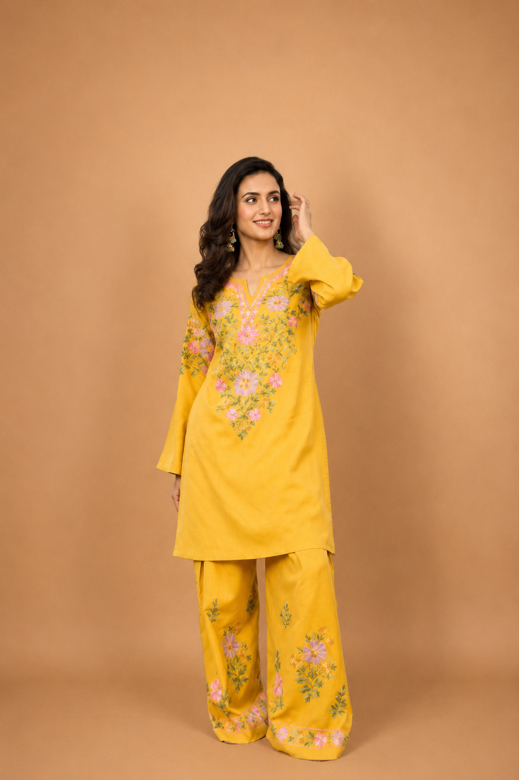 Kashmiri Aari Embroidered Kurta Set in Ruby Cotton - Mustard