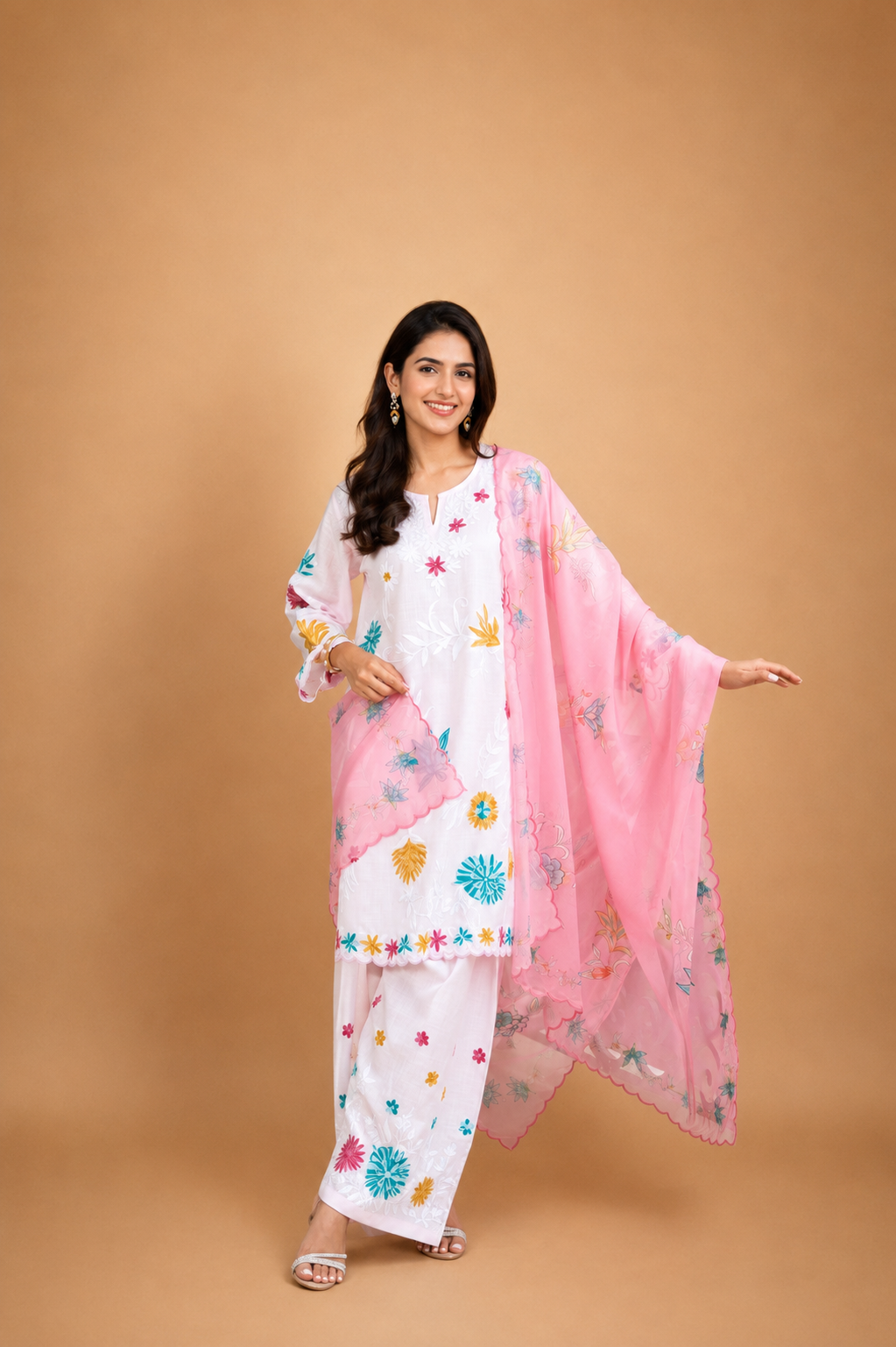 Kashmiri Aari Embroidered Kurta Set in Ruby Cotton - Powder Pink