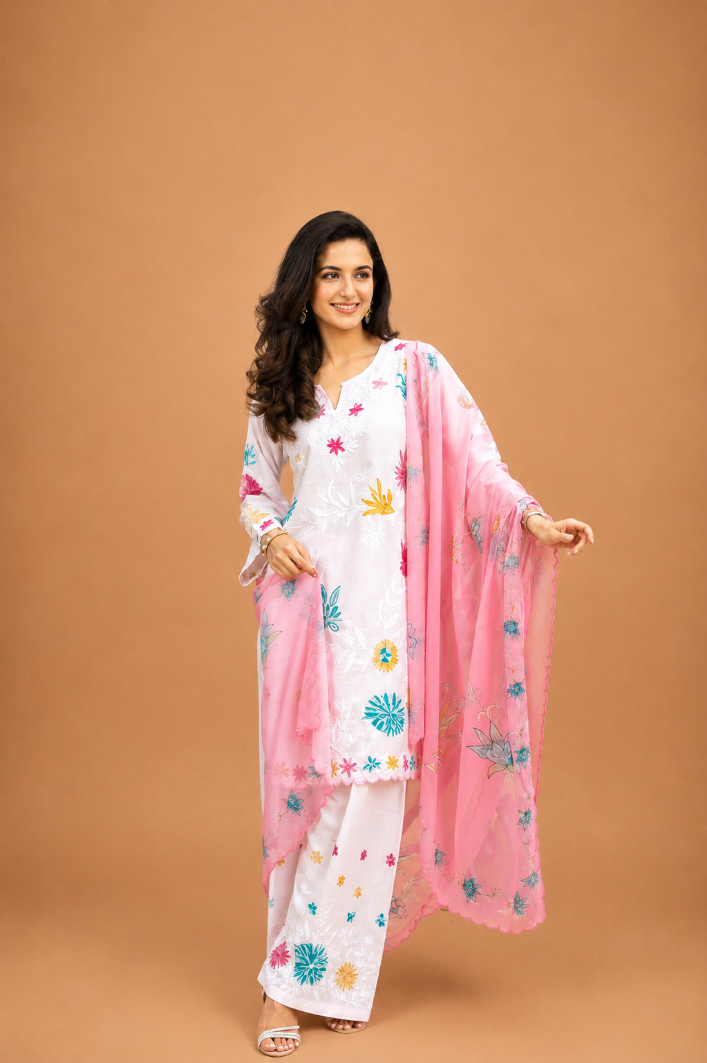 Kashmiri Aari Embroidered Kurta Set in Ruby Cotton - Powder Pink