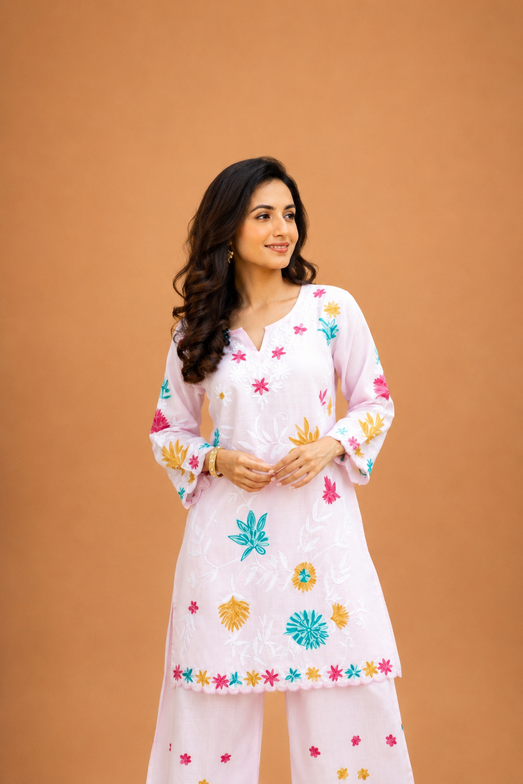 Kashmiri Aari Embroidered Kurta Set in Ruby Cotton - Powder Pink