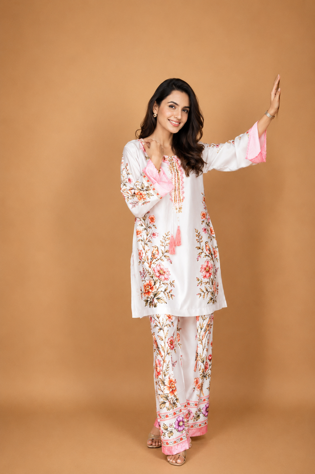 Cupro Satin Co-ord Set - Ivory Floral