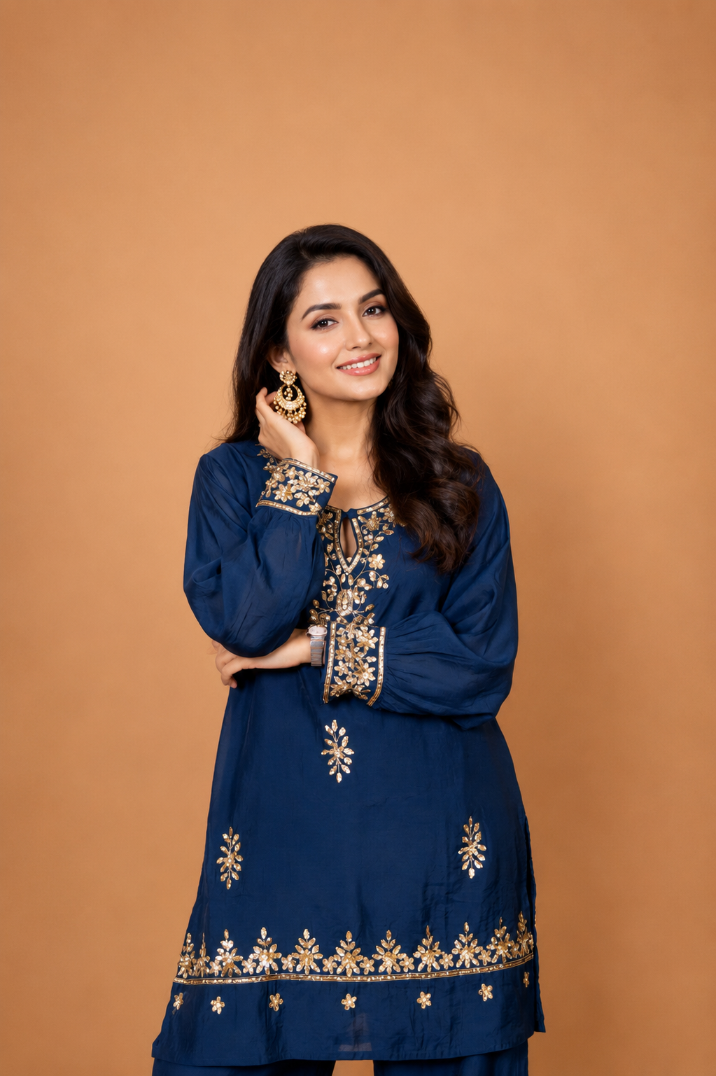 Pure Sequin Mul Chanderi Silk Embroidered Kurta Set - Navy Blue