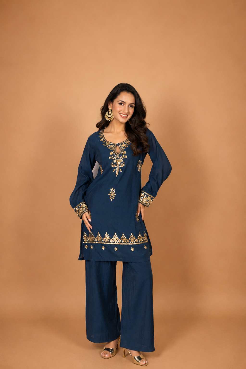 Pure Sequin Mul Chanderi Silk Embroidered Kurta Set - Navy Blue