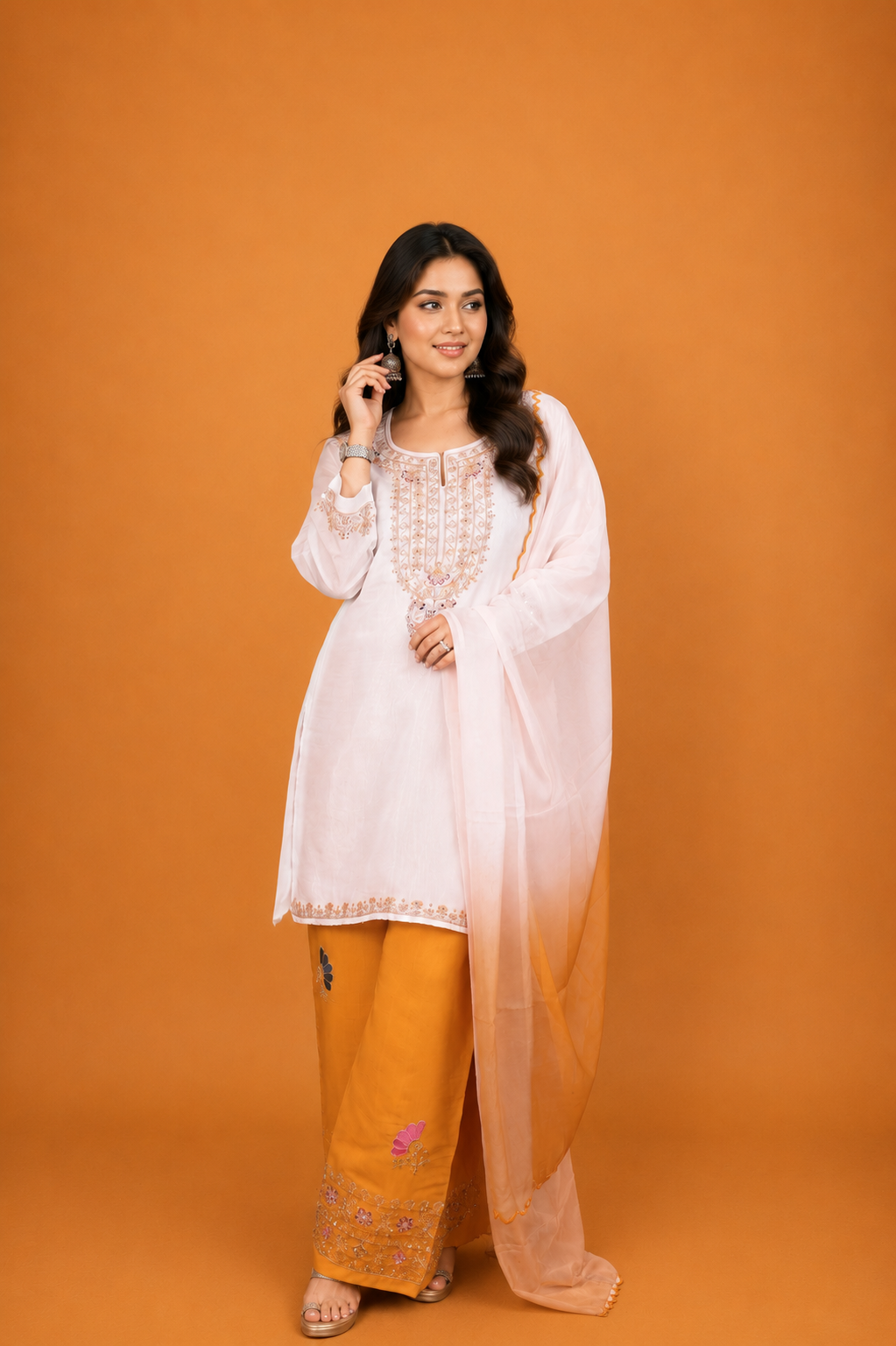 Printed Organza Dupatta in Ivory & Mustard
