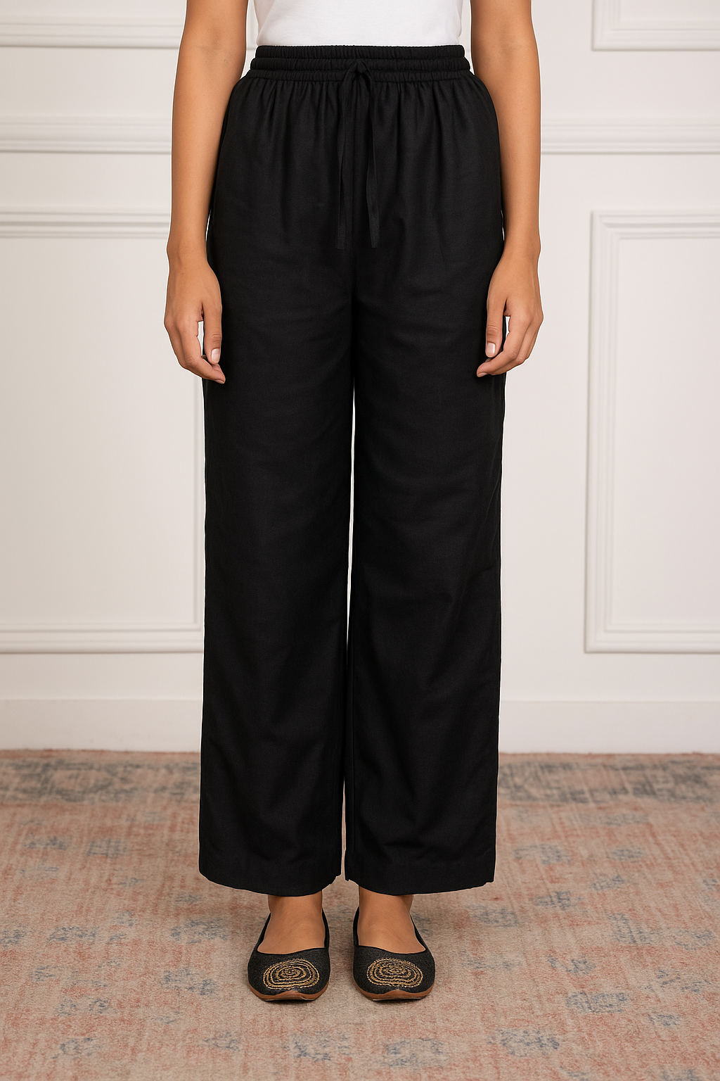 HOK Black Woollen Straight Pants