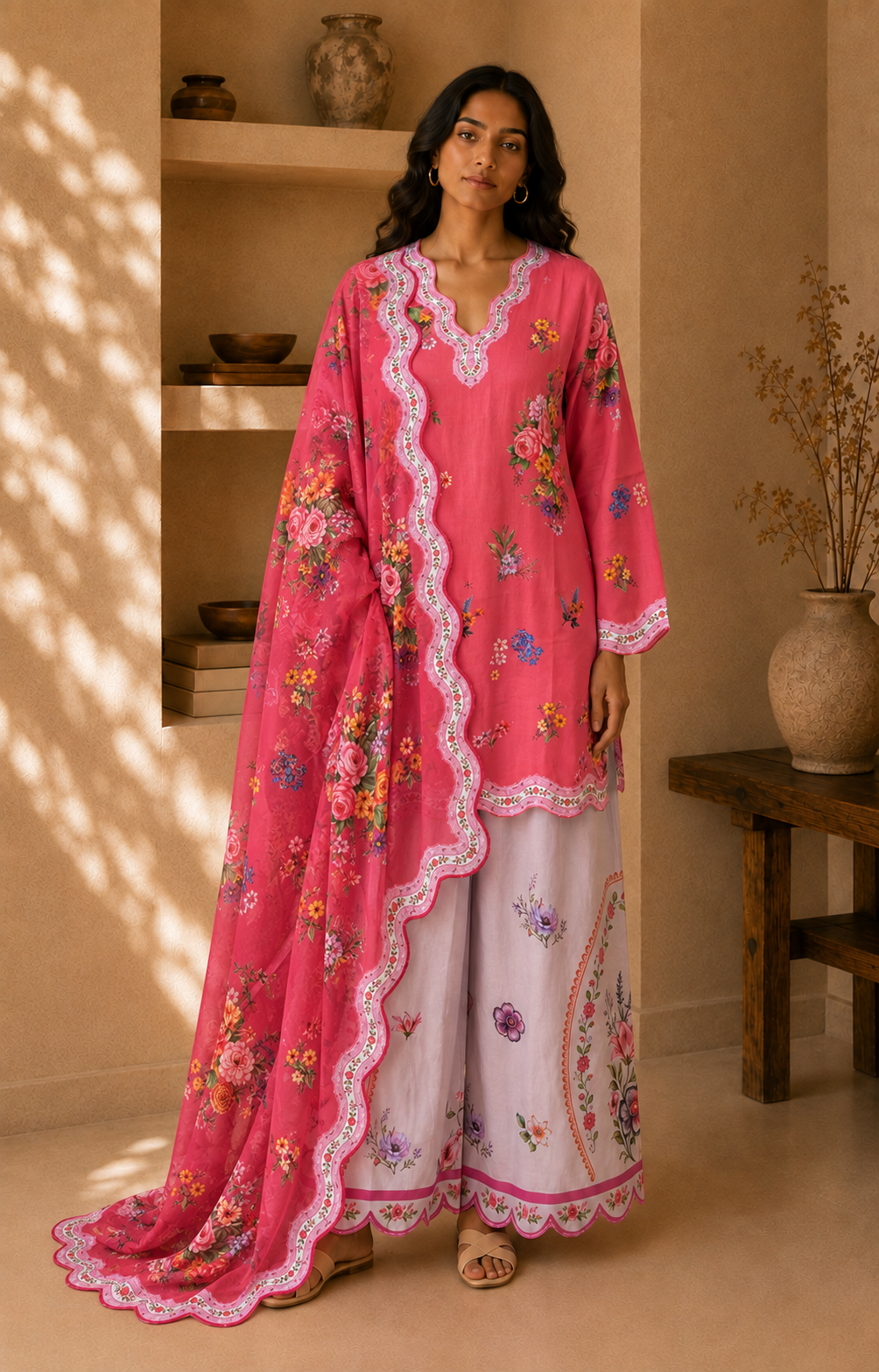 Printed Organza Dupatta in Pink with Multicolour
