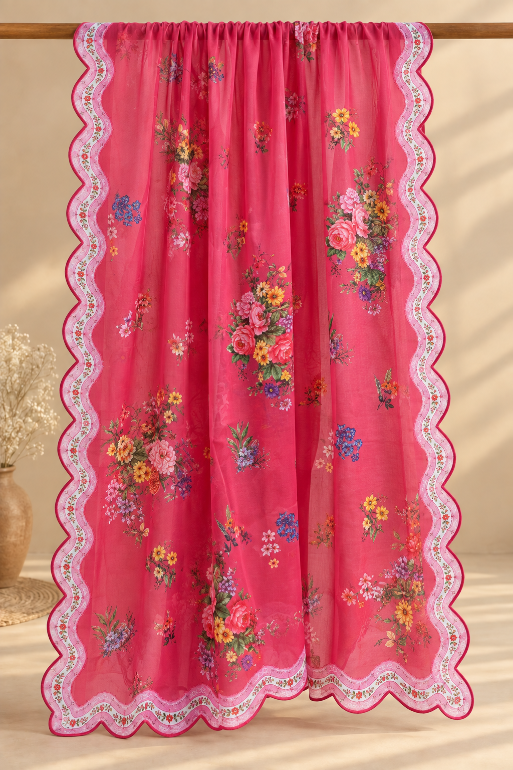 Printed Organza Dupatta in Pink with Multicolour