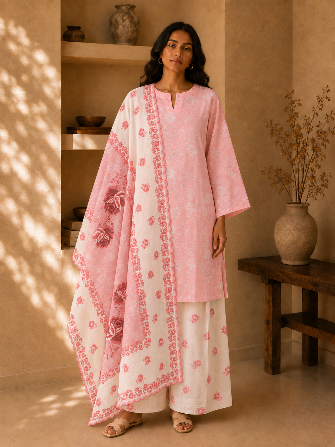 Pink Printed Lawn Cotton Co-ord Set with Farsi Pants
