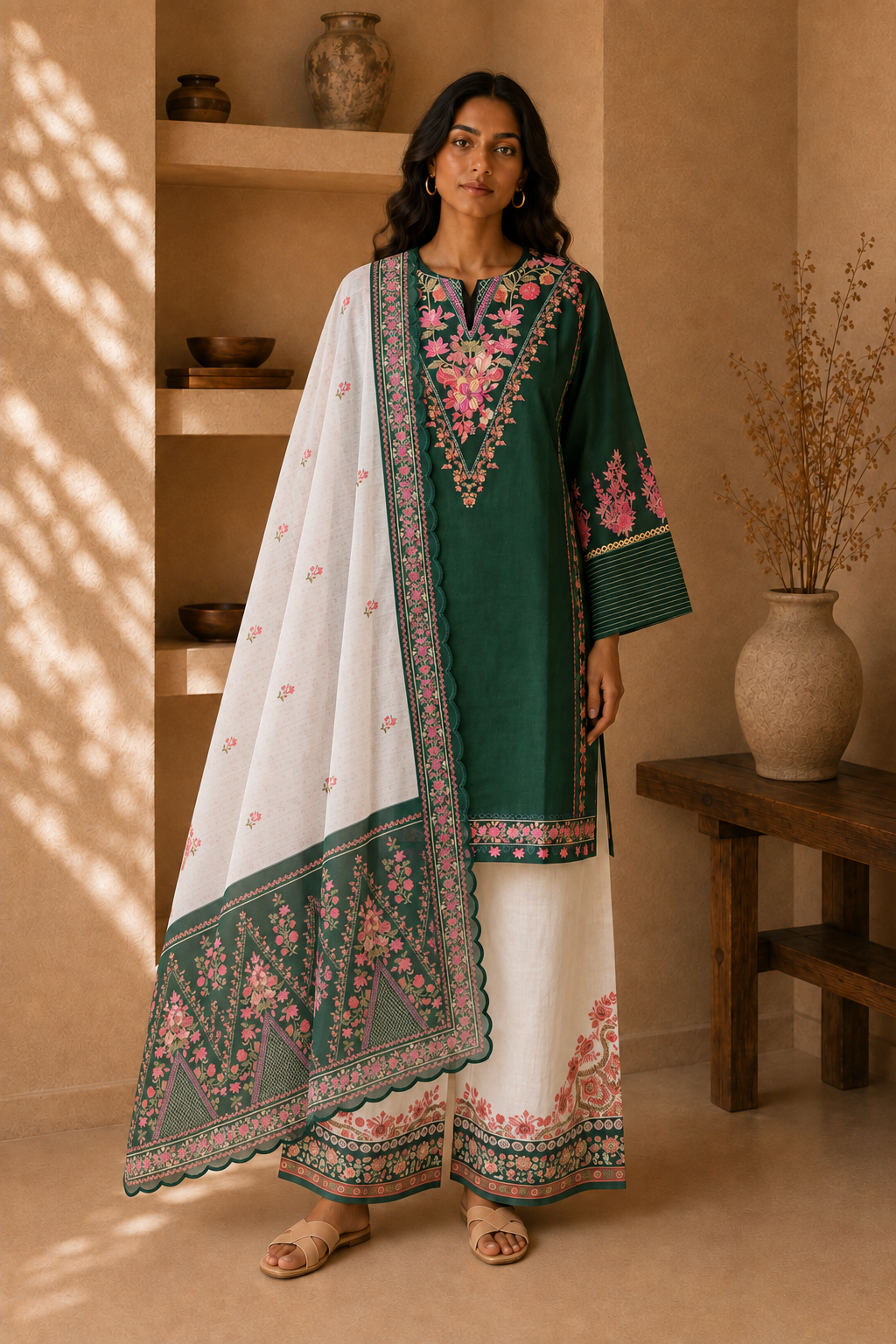 Printed Organza Dupatta in Green Floral
