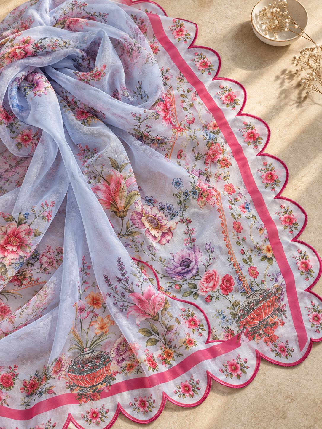 Printed Organza Dupatta in Light Blue and White