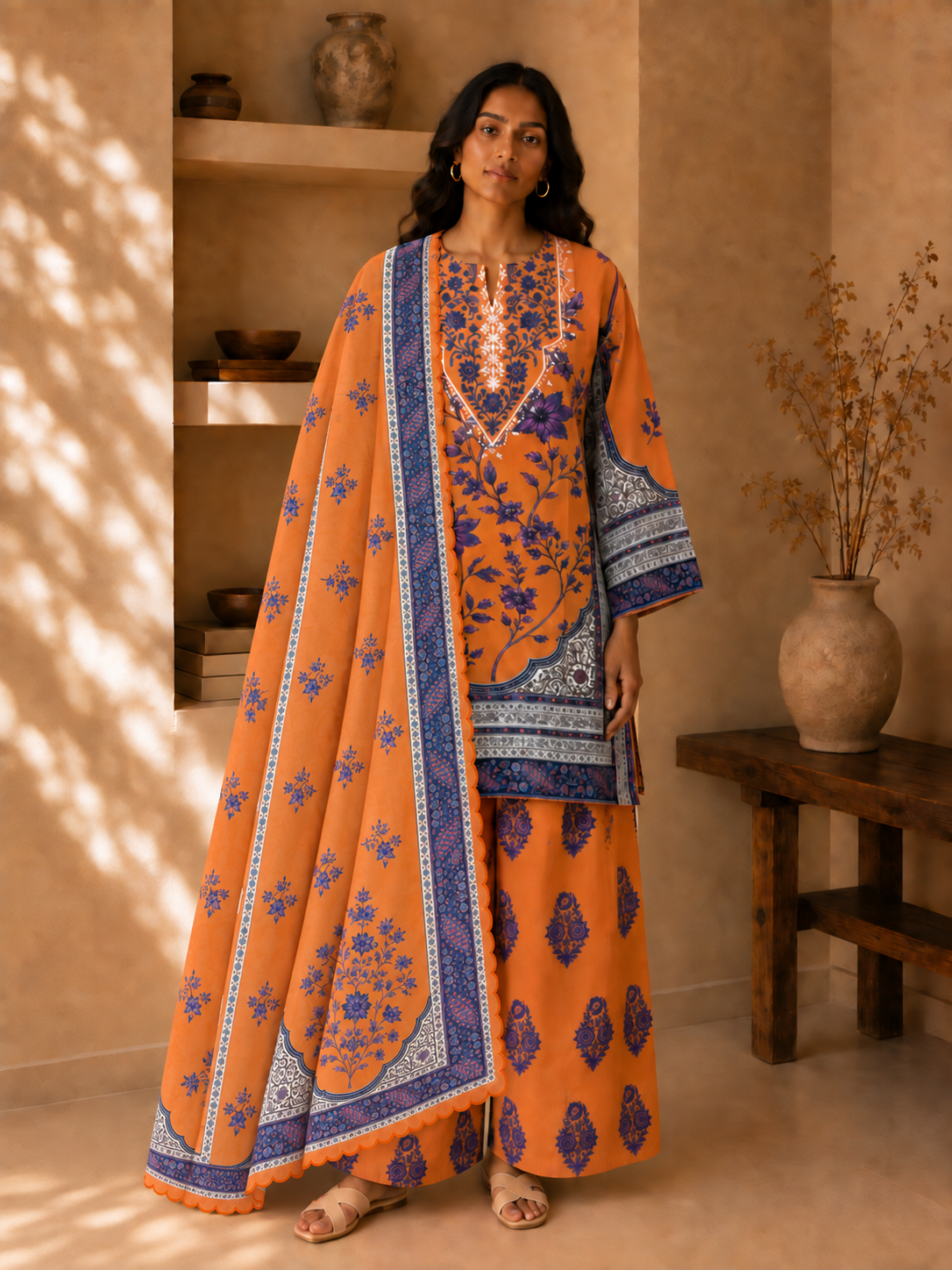Lawn Cotton Printed Co-ord set - Apricot orange
