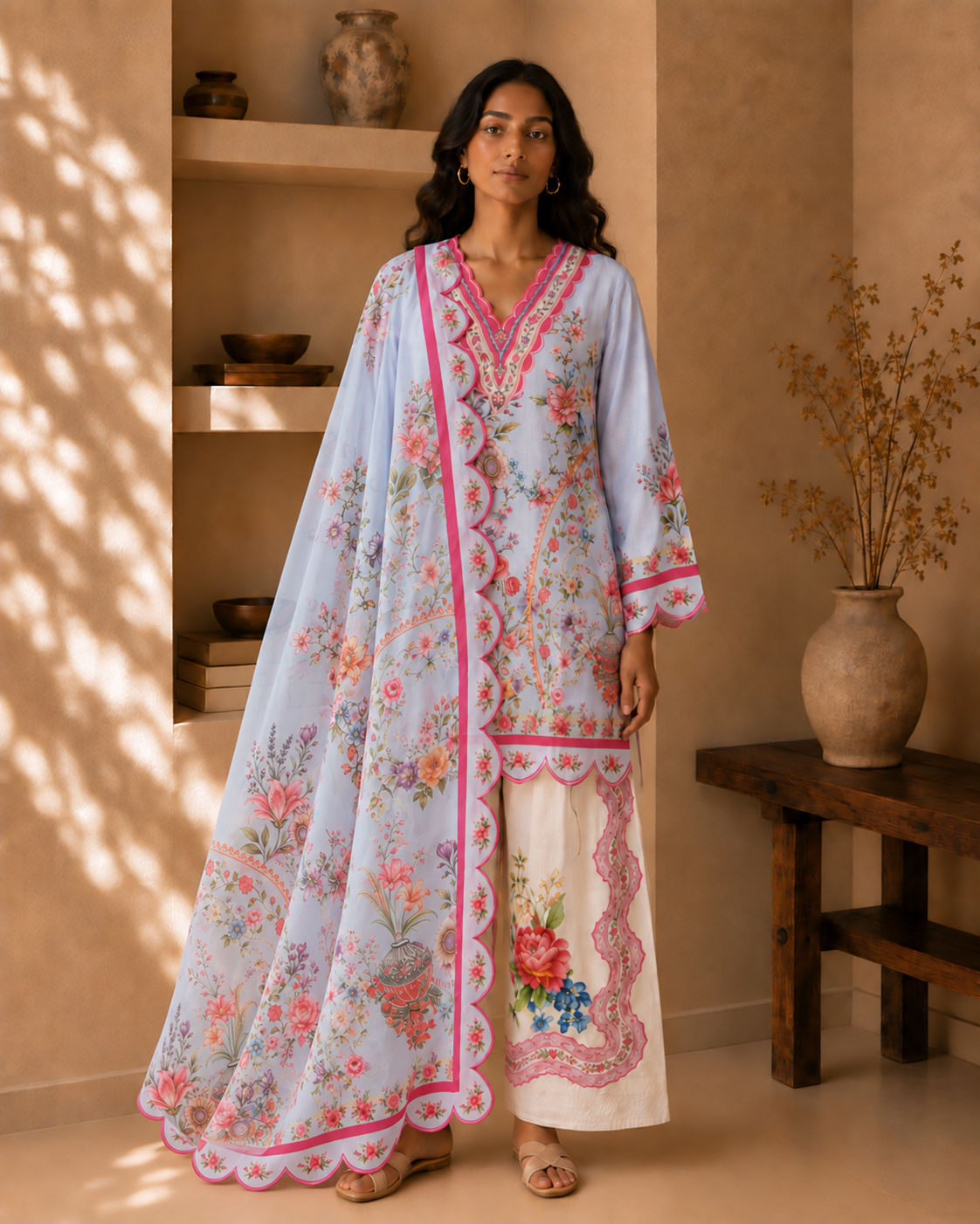 Lawn Cotton Printed Co-ord set - Light Blue and White