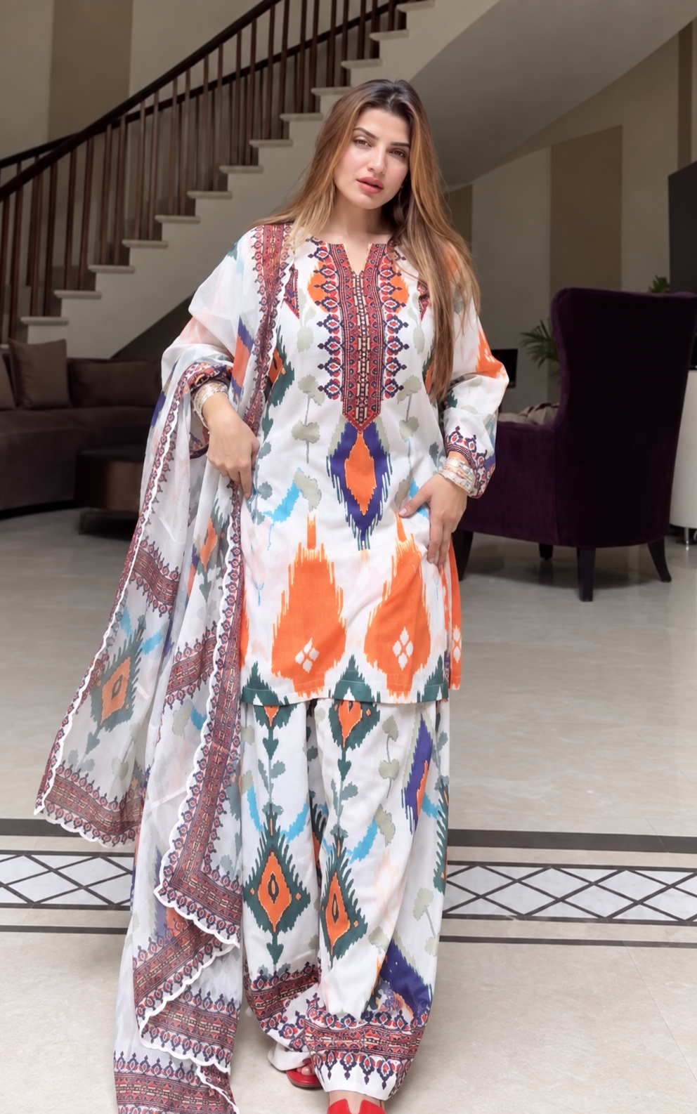 Gunnet in HOK in Grey Multicolour Ikat Printed Lawn Cotton Co-ord Set with Farsi Pants