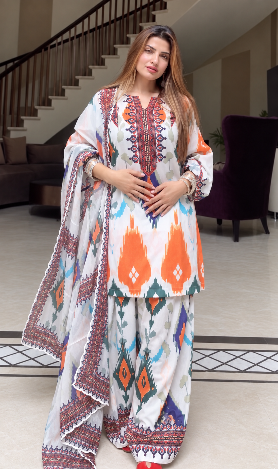 Gunnet in HOK in Grey Multicolour Ikat Printed Lawn Cotton Co-ord Set with Farsi Pants