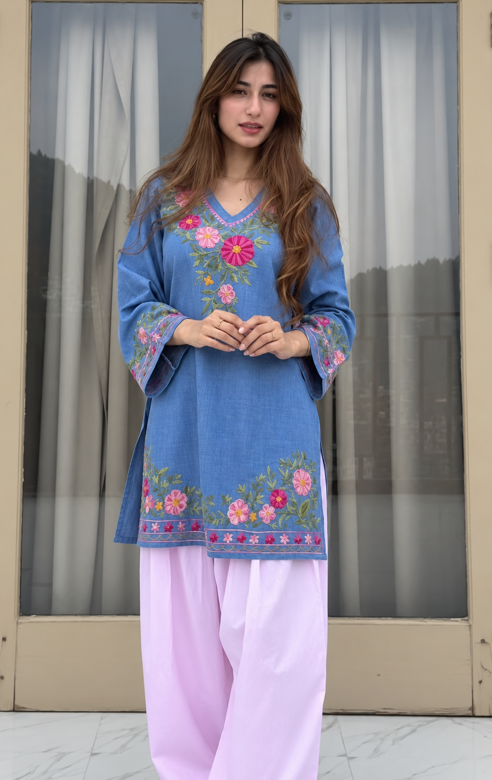 Juhee singh In Kashmiri Aari Denim Short Kurta V-Neck - Blue