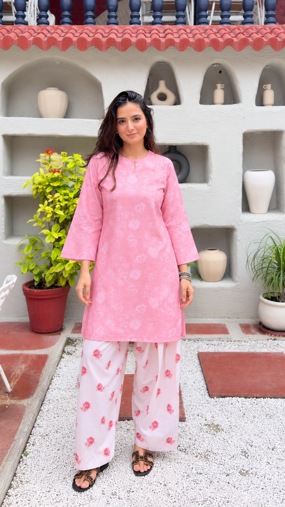 Evneet in Pink Printed Lawn Cotton Co-ord Set with Farsi Pants