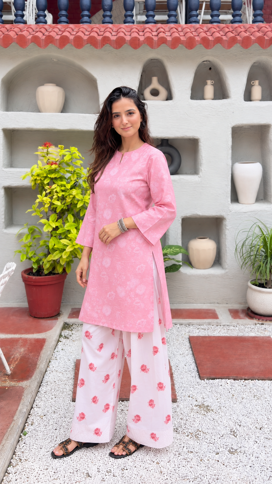 Evneet in Pink Printed Lawn Cotton Co-ord Set with Farsi Pants