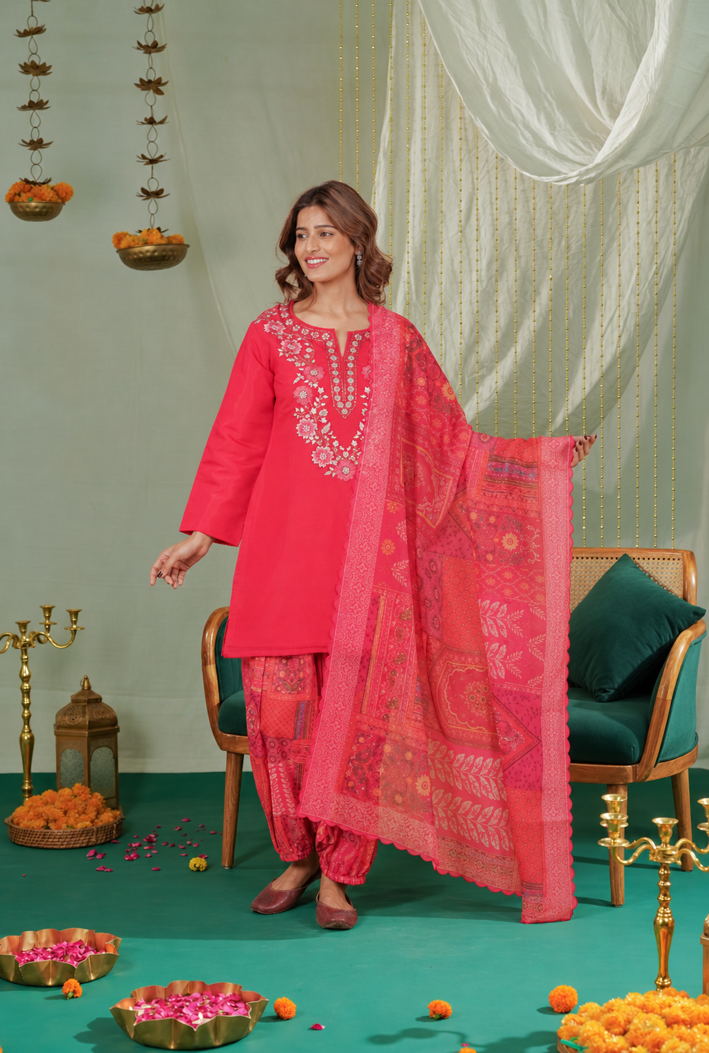 Printed Organza Dupatta in Fuchsia Pink