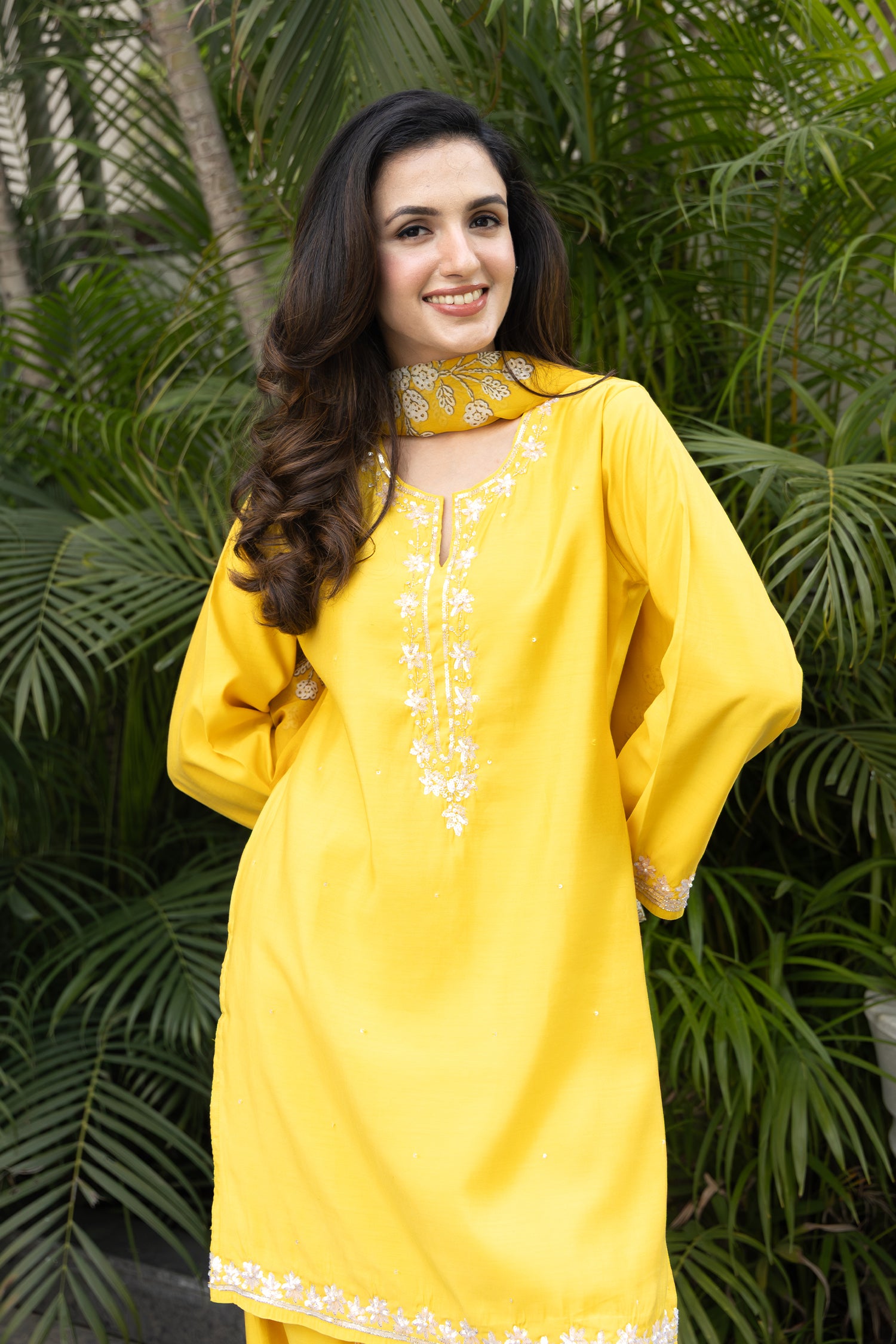 Pure Sequin Mul Chanderi Silk Embroidered Kurta Set - Yellow