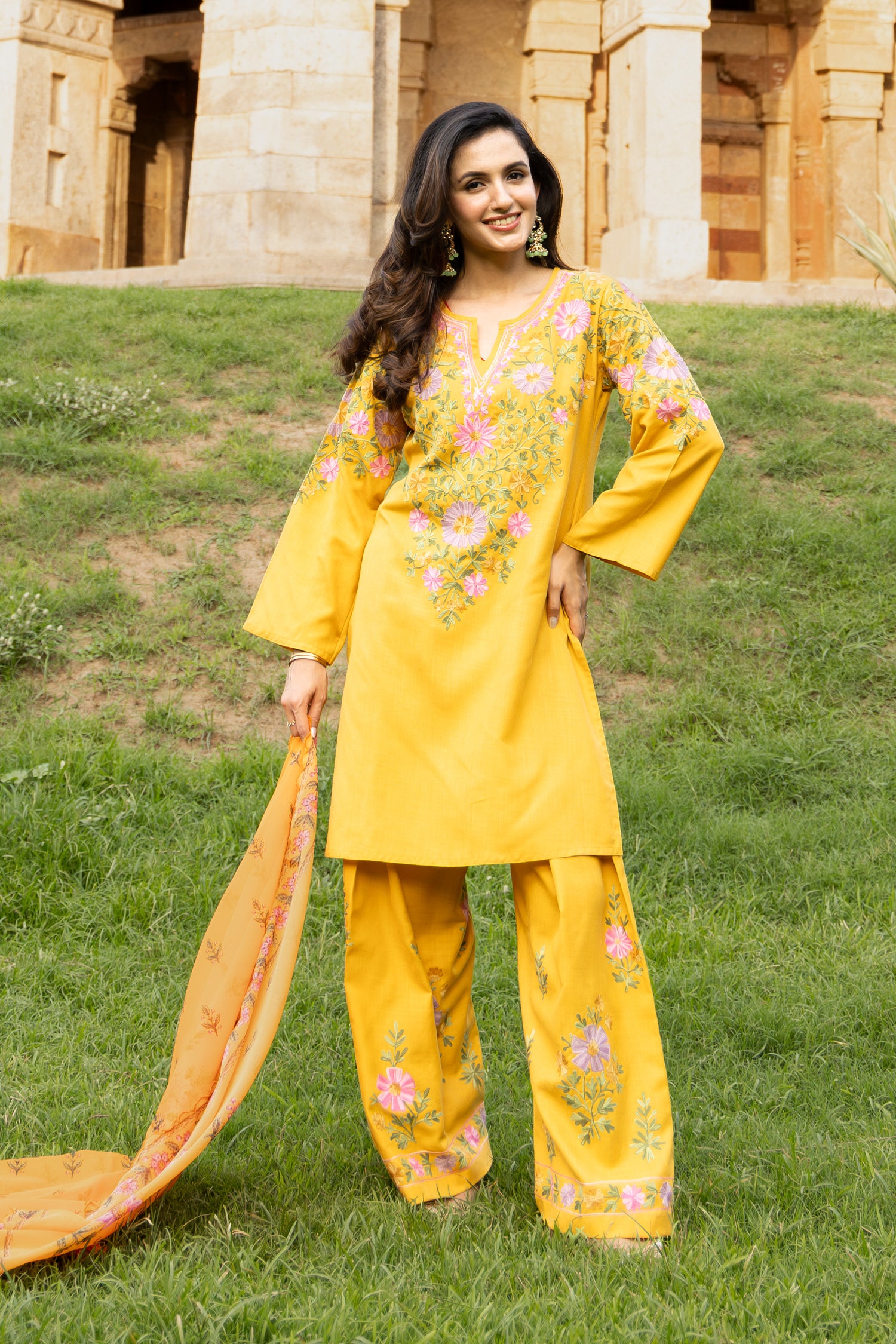 Kashmiri Aari Embroidered Kurta Set in Ruby Cotton - Mustard