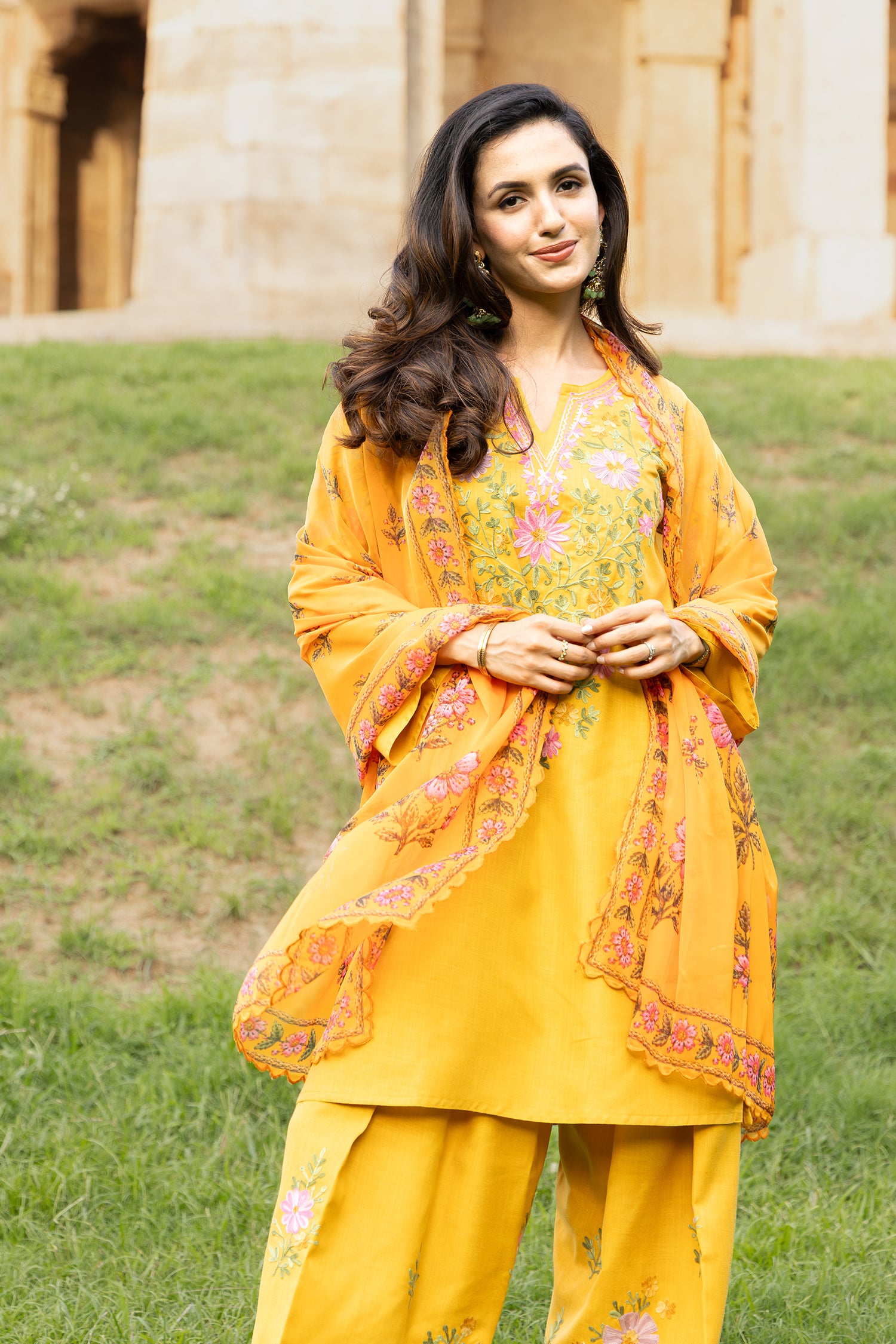 Kashmiri Aari Embroidered Kurta Set in Ruby Cotton - Mustard