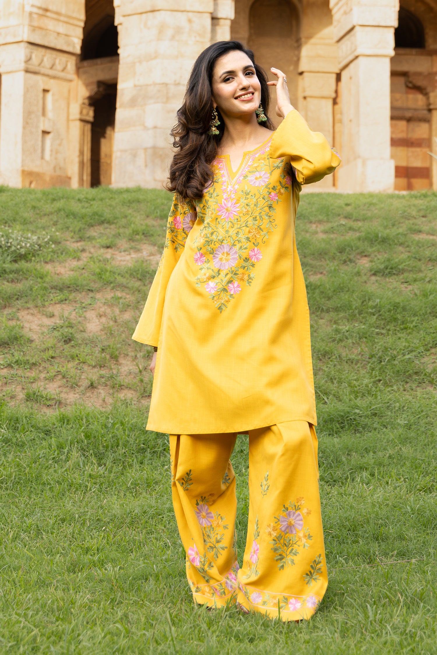 Kashmiri Aari Embroidered Kurta Set in Ruby Cotton - Mustard
