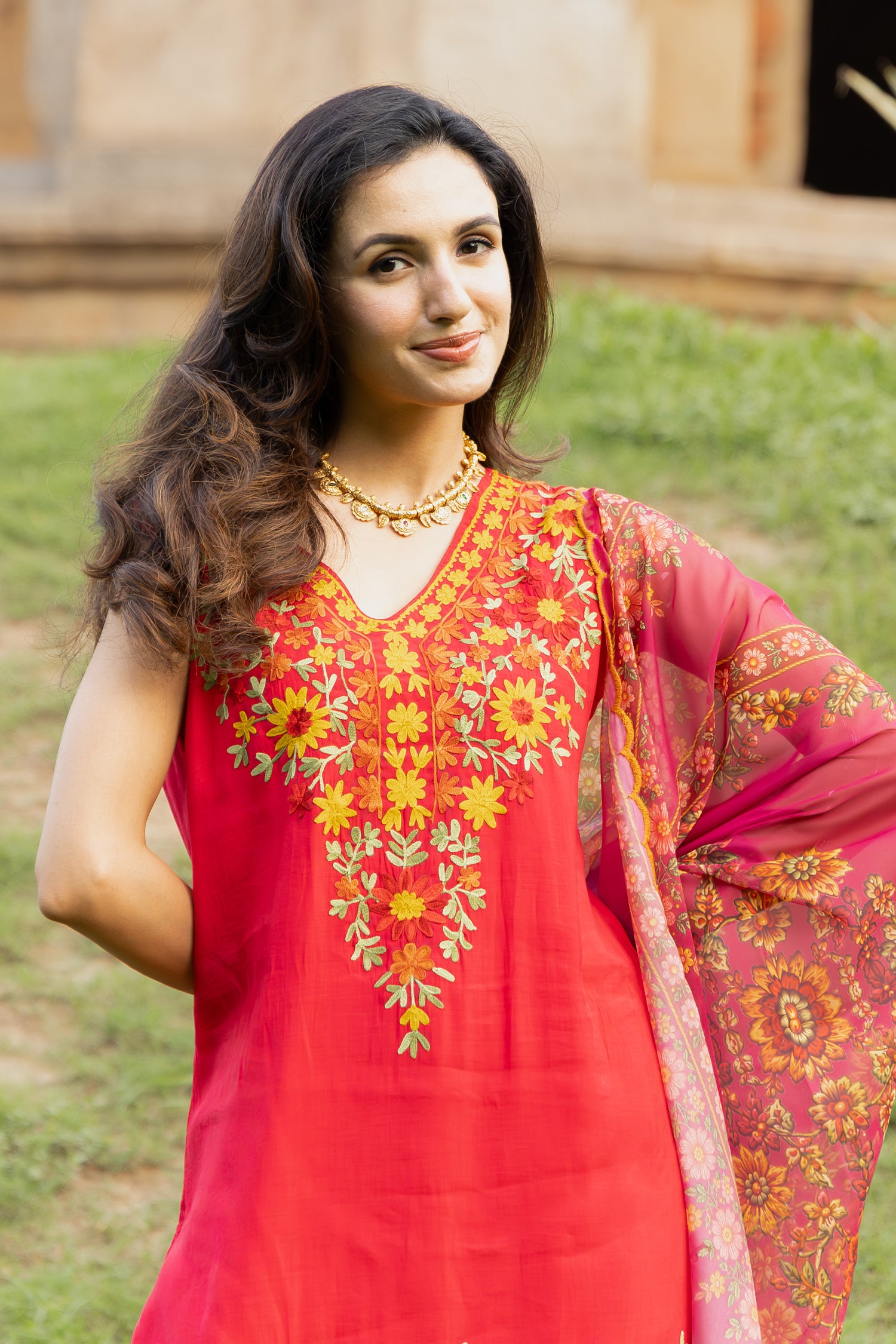 Mul Chanderi Silk Kashmiri Aari Embroidered Kurta Set - Pink With Mustard bottoms