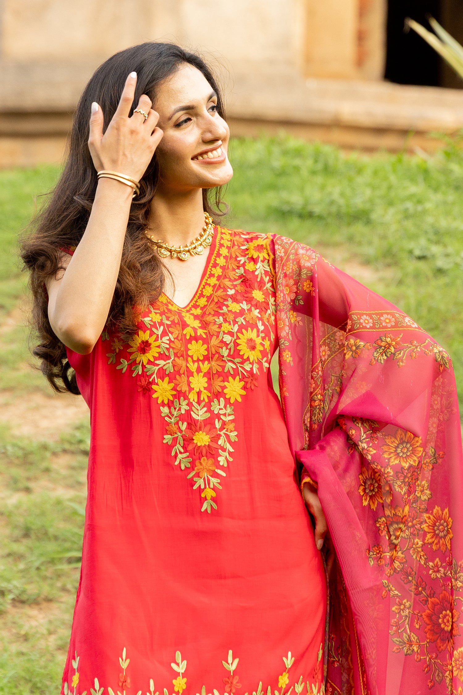 Mul Chanderi Silk Kashmiri Aari Embroidered Kurta Set - Pink With Mustard bottoms