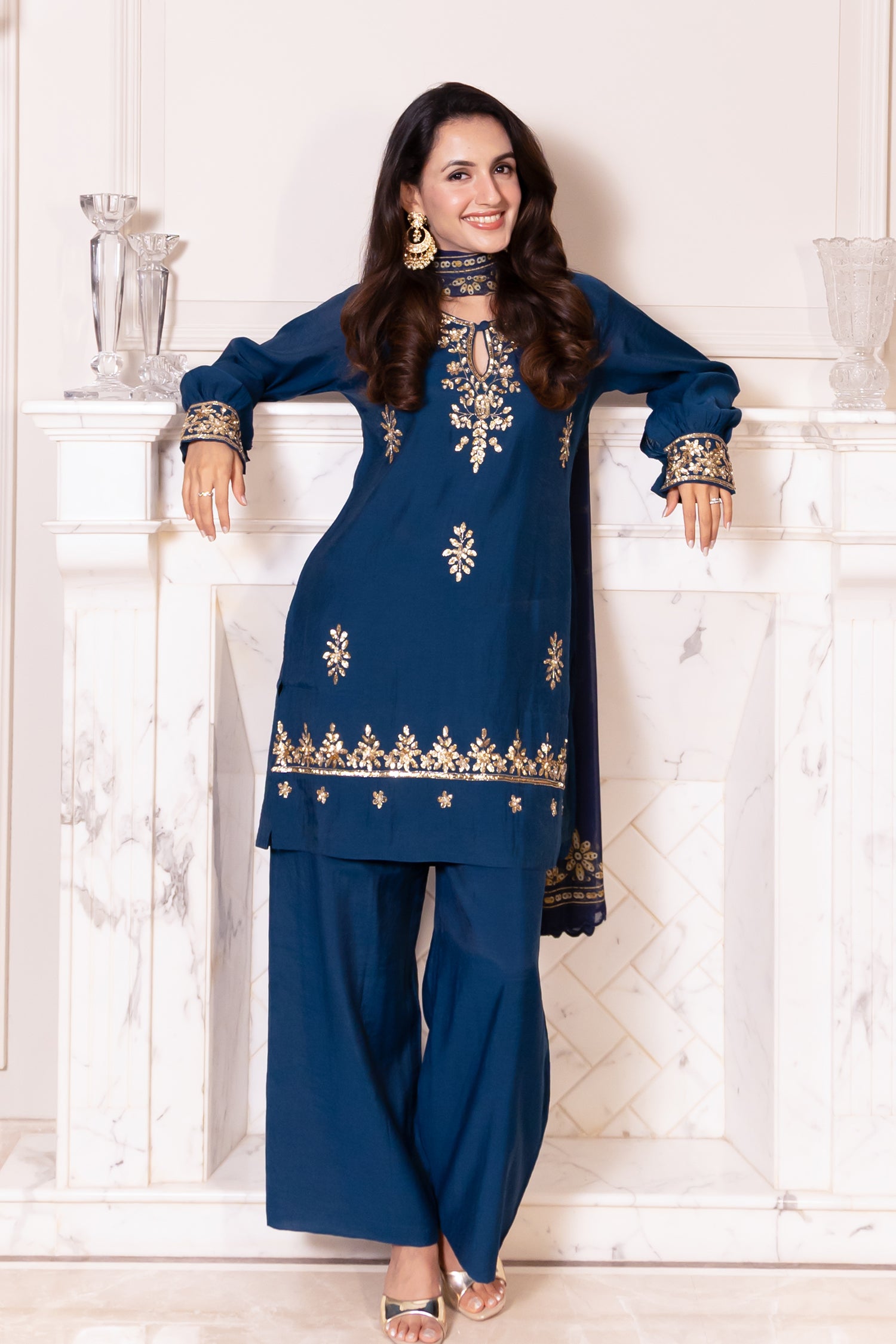 Pure Sequin Mul Chanderi Silk Embroidered Kurta Set - Navy Blue