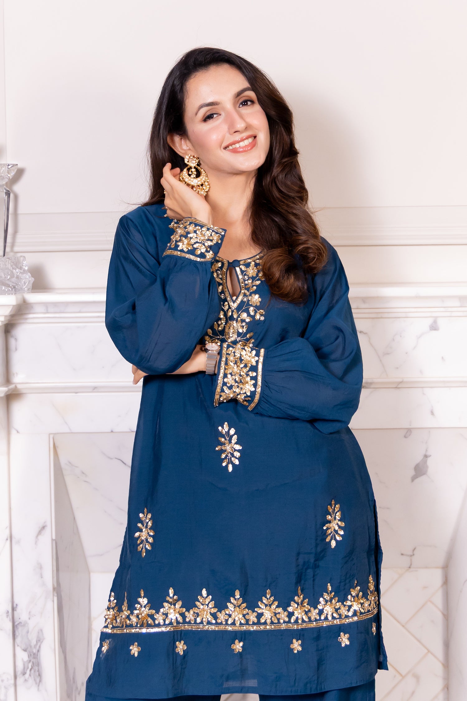 Pure Sequin Mul Chanderi Silk Embroidered Kurta Set - Navy Blue