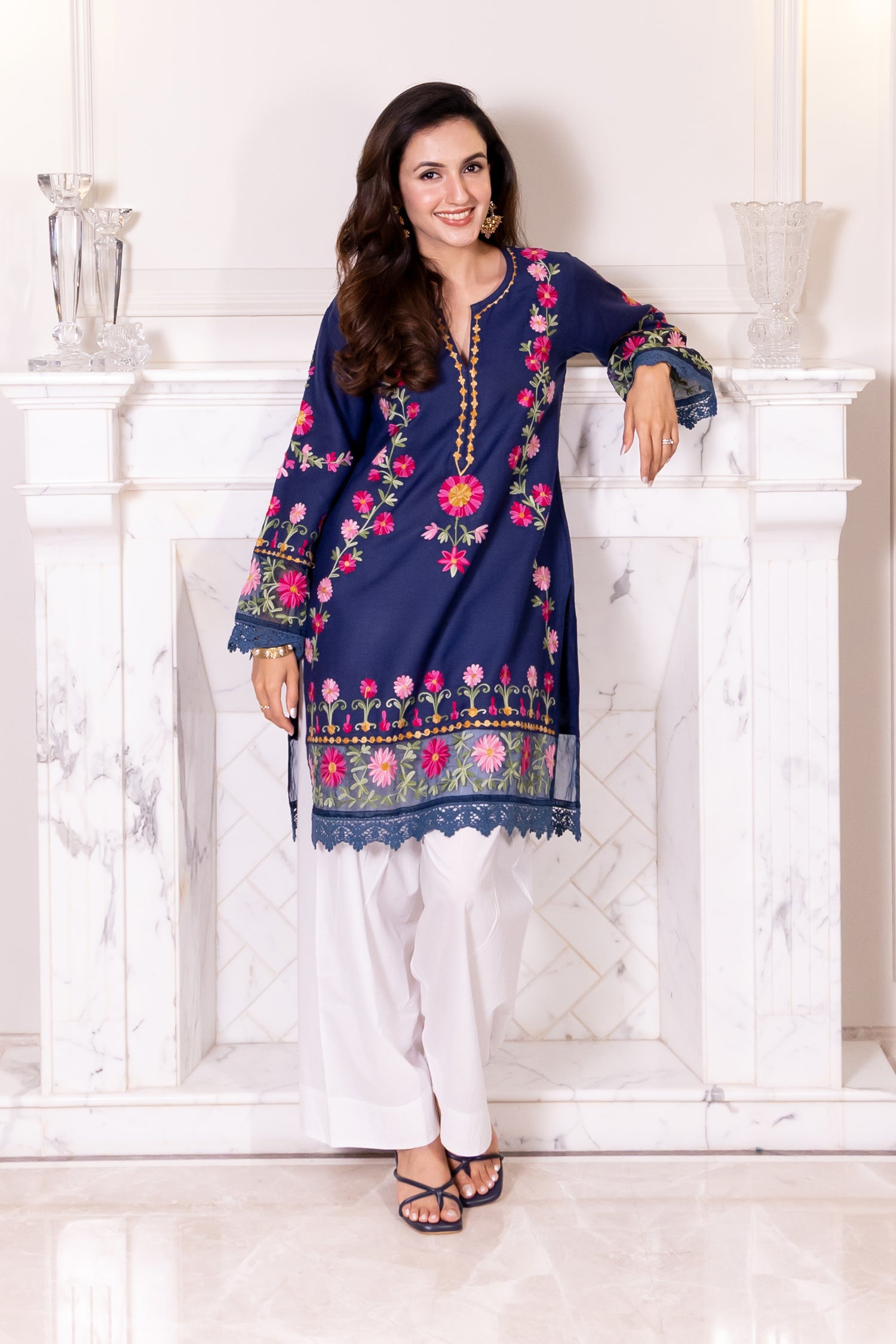 Kashmiri Aari Embroidered Kurta in Ruby Cotton - Navy Blue