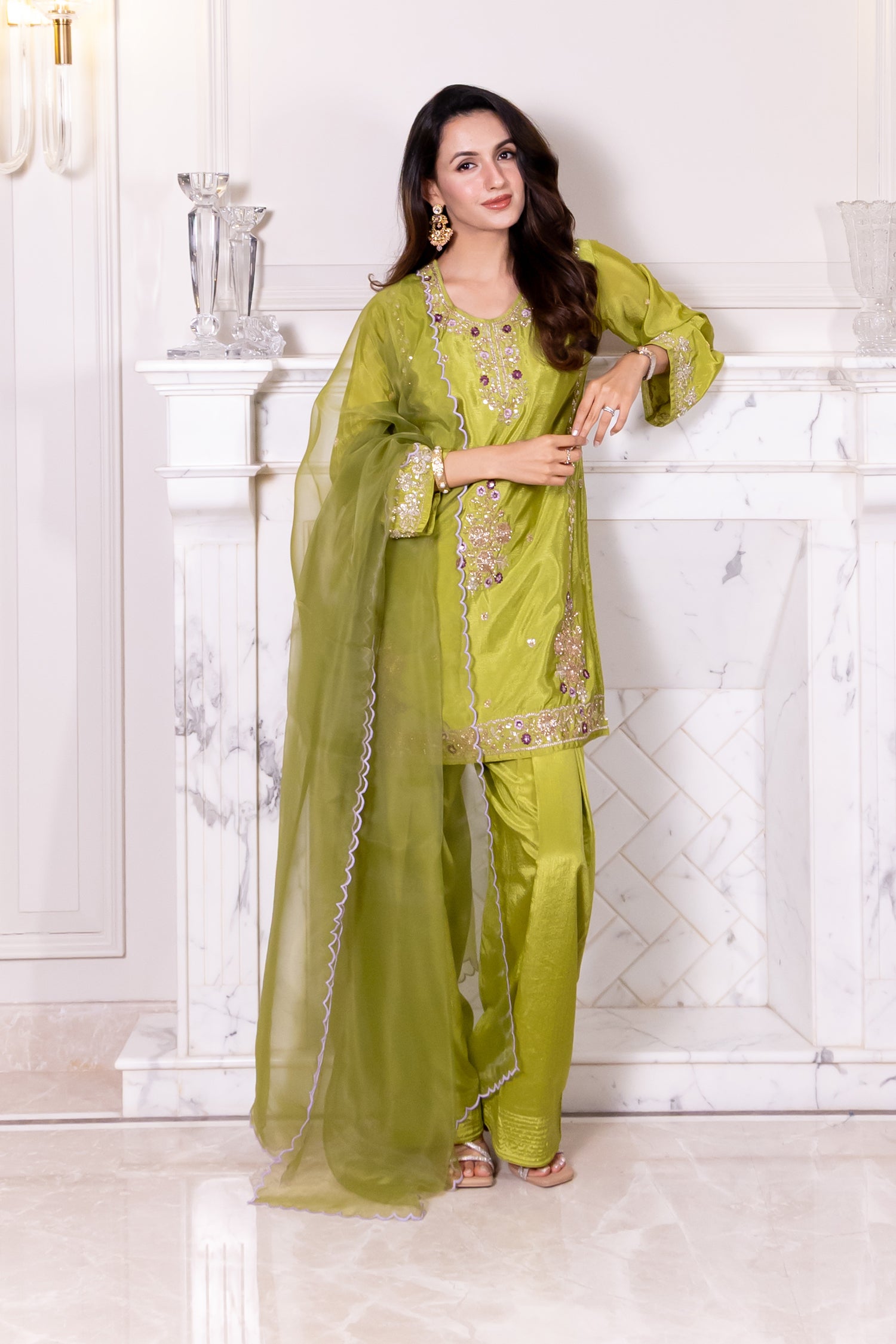 Mix Sequin Chinnon Chiffon Embroidered Kurta Set - Pista Green
