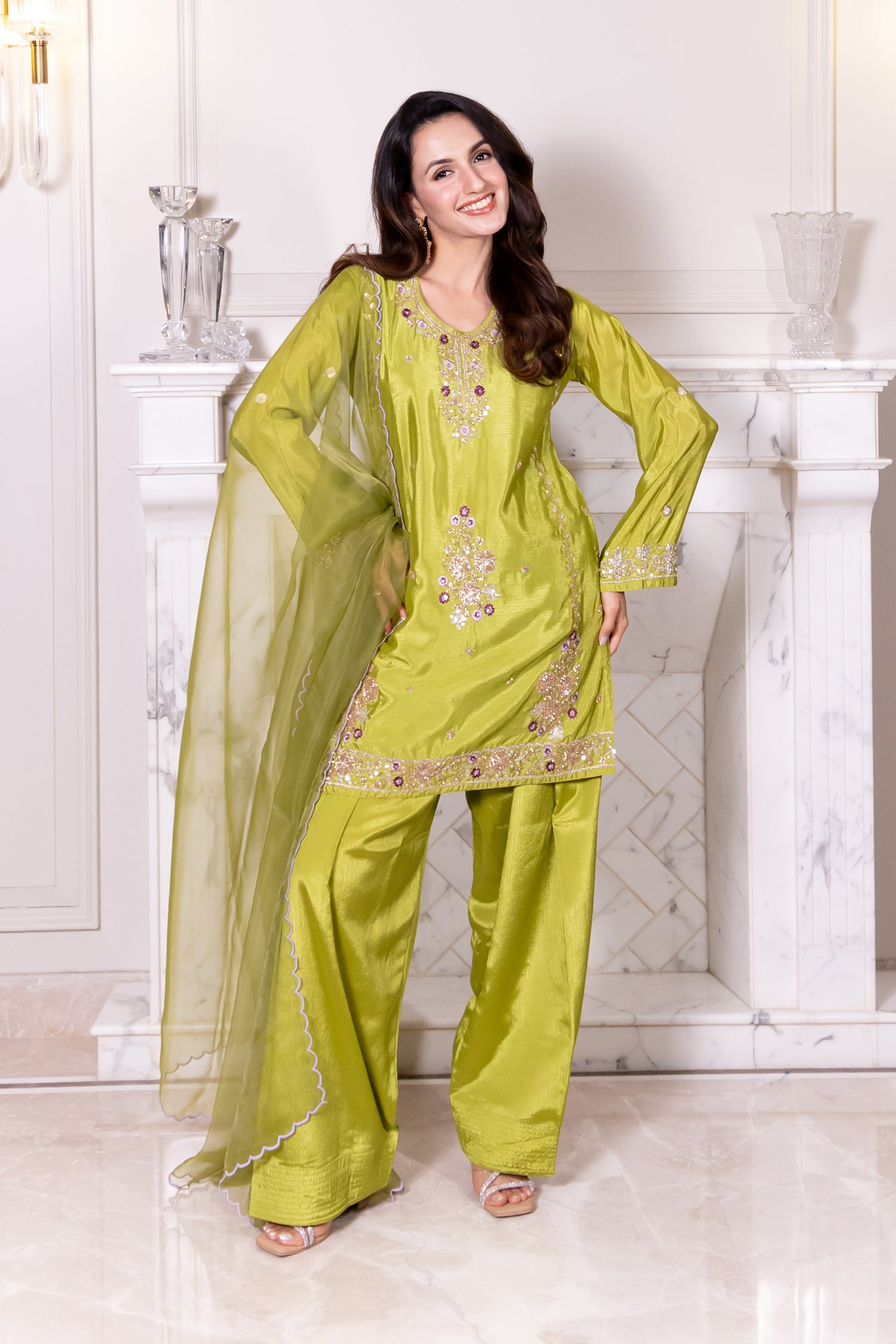 Mix Sequin Chinnon Chiffon Embroidered Kurta Set - Pista Green