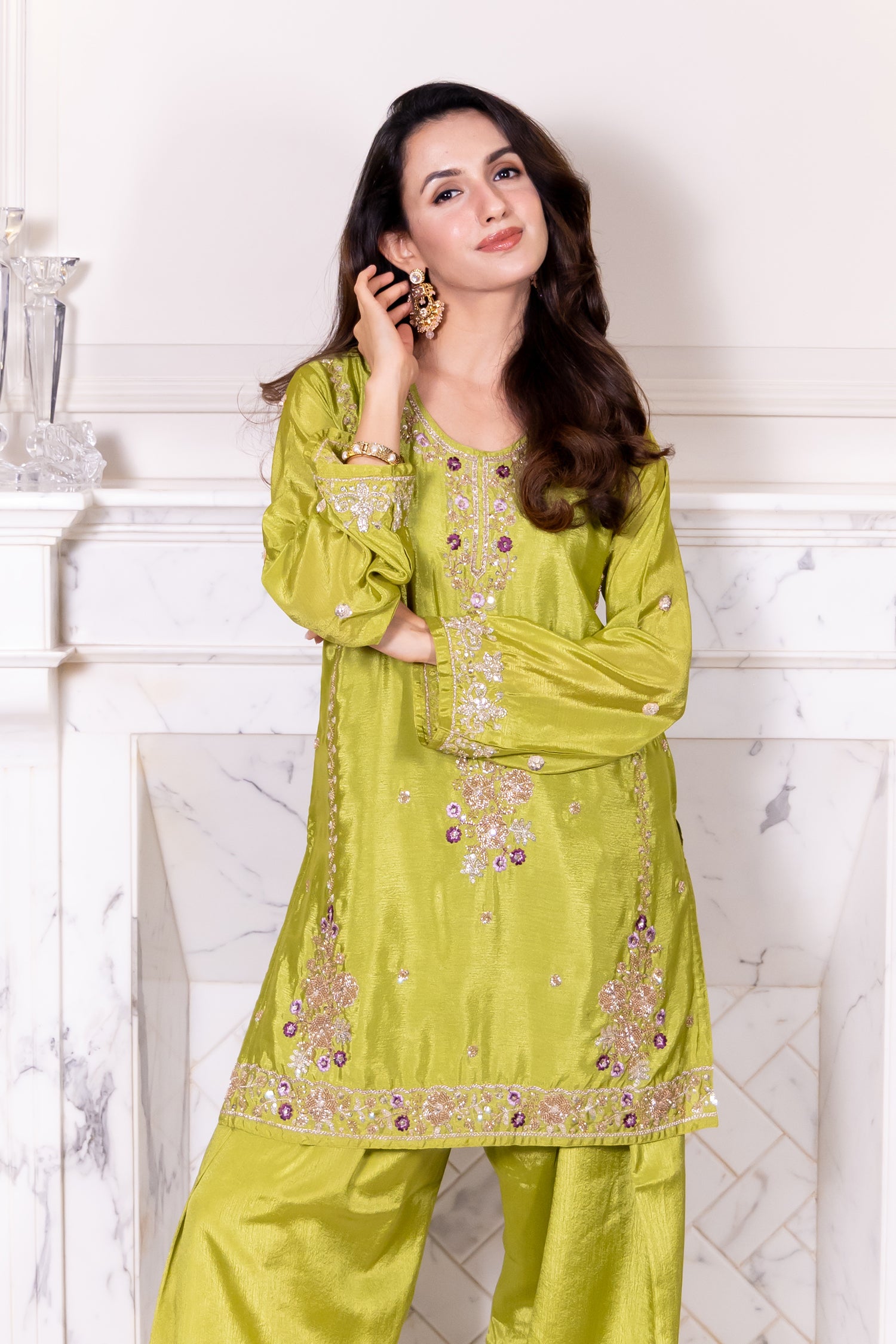 Mix Sequin Chinnon Chiffon Embroidered Kurta Set - Pista Green