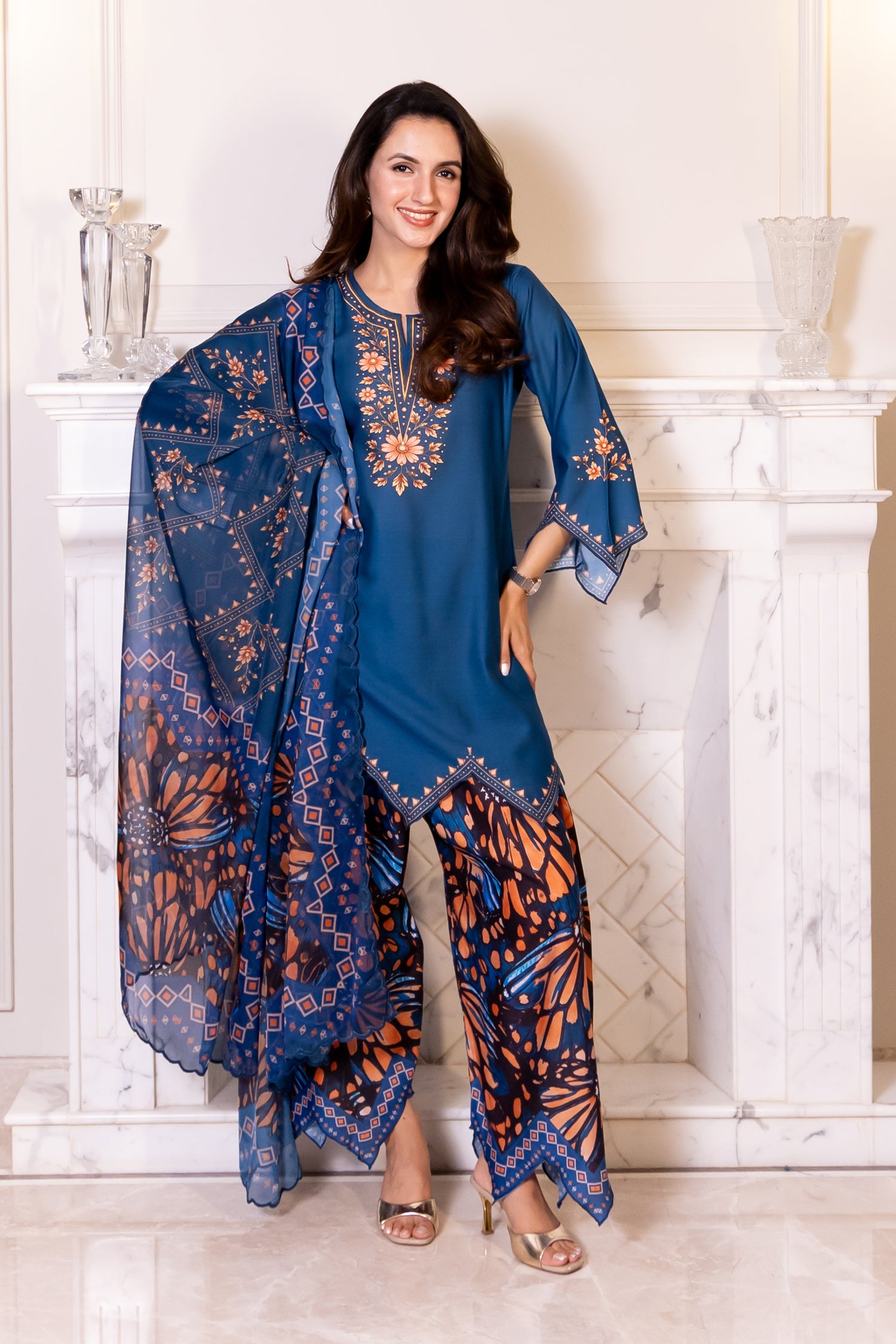 Lawn Cotton Printed Co-ord Set Laser-Cut - Teal Blue